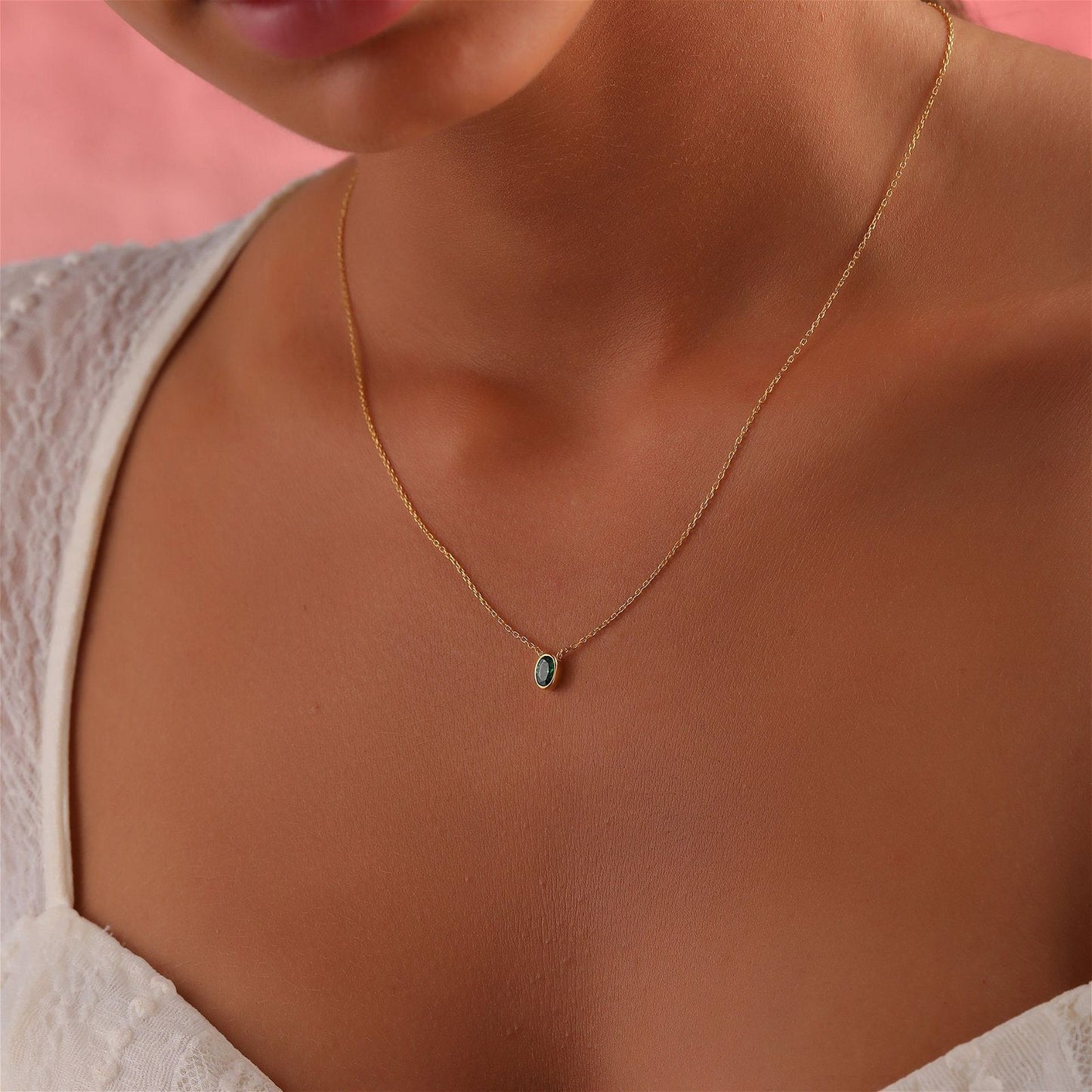 MELÉCHE Birthstones Gold Necklace - Meléche - Necklaces - MELÉCHE Birthstones Gold Necklace - Oval Retro Design, Zircon Stones Meléche