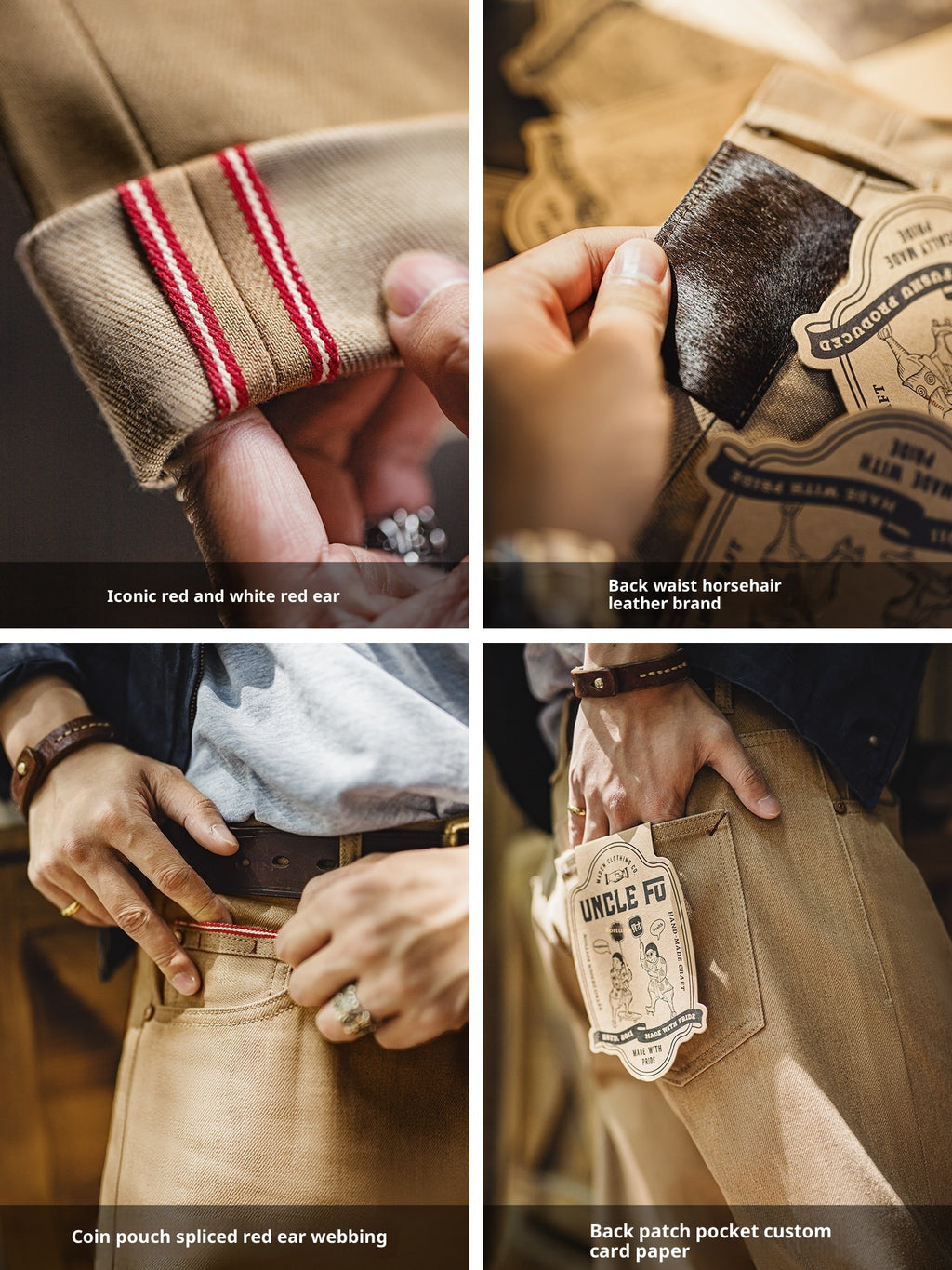 Collage of details from a tan jacket with red and white accents, leather brand Meleche or Meléche (short as (Mé)) and card paper label.