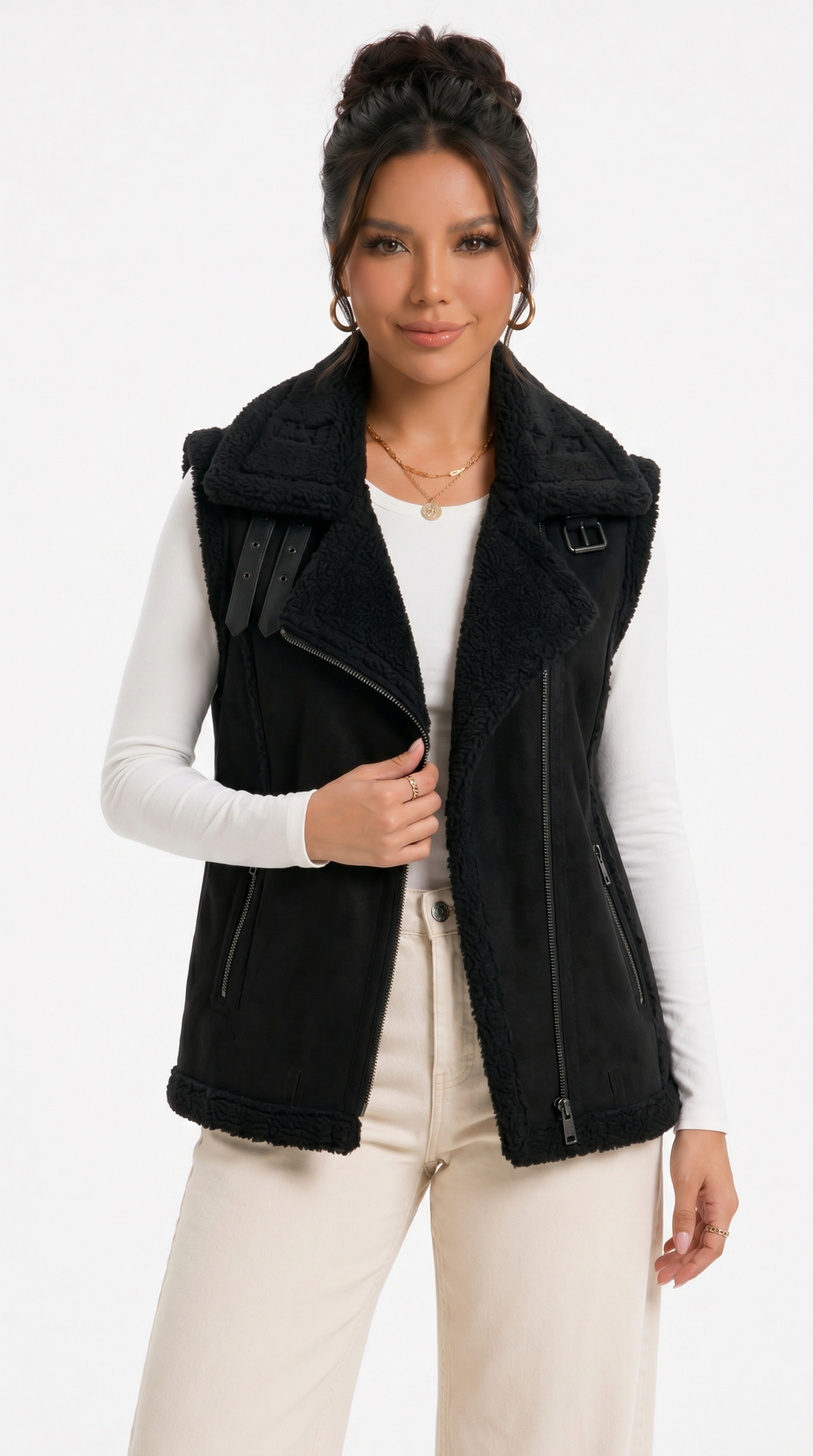 Woman wearing a black vest with a plain background from Meleche Fashion USA or Meléche (short as (Mé))
