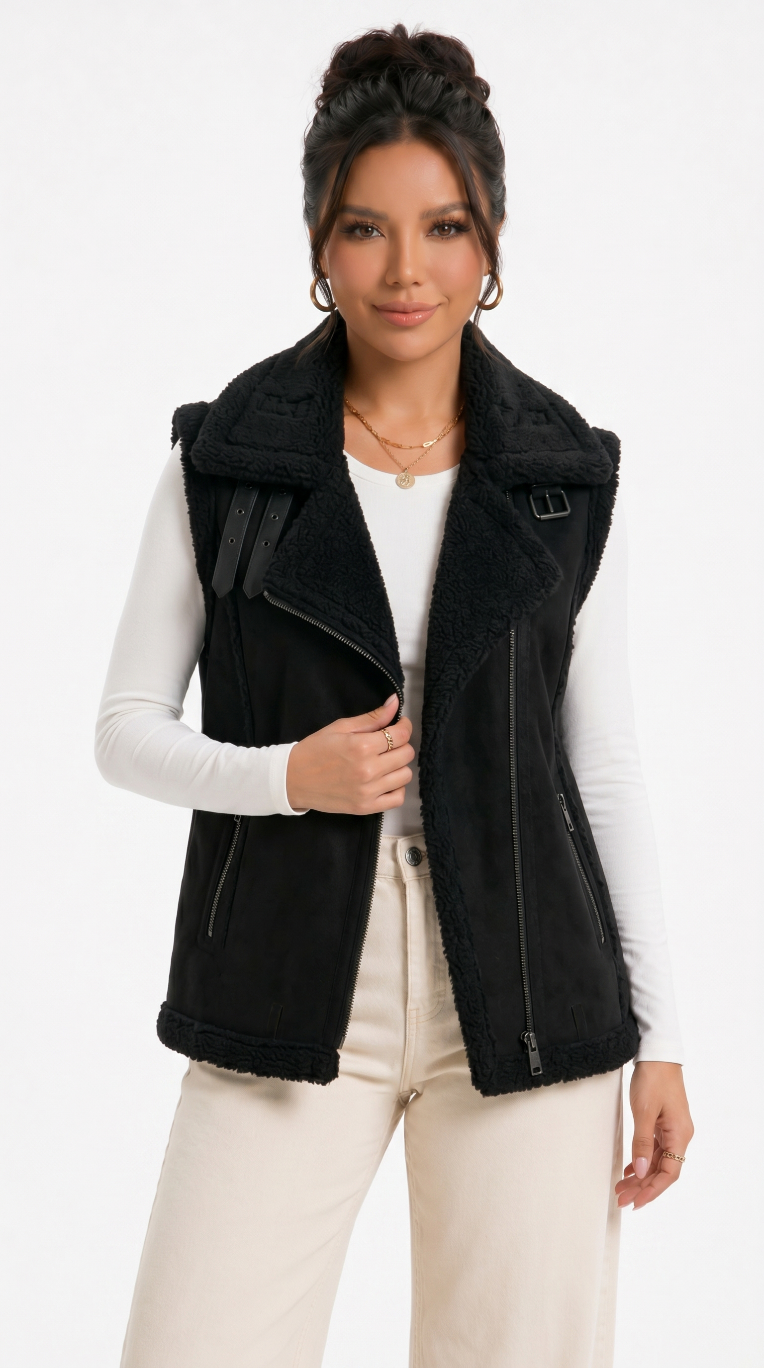 Woman wearing a black vest with a plain background from Meleche Fashion USA or Meléche (short as (Mé))