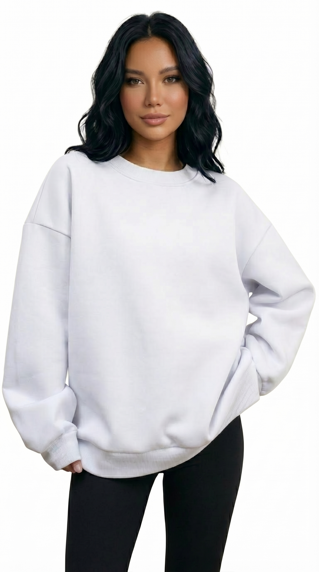 Woman wearing a white sweatshirt on a white background from Meleche Fashion USA or Meléche (short as (Mé))
