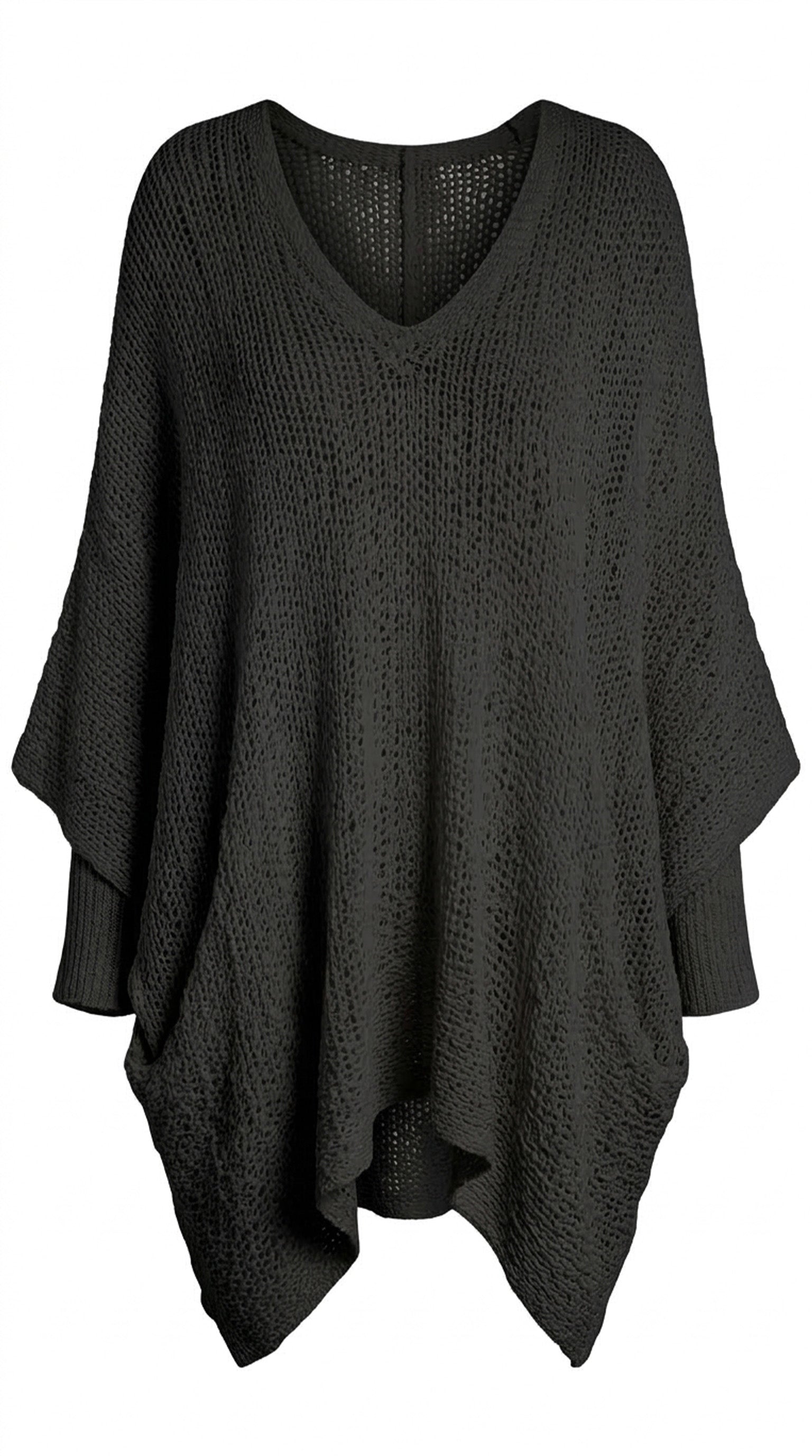 Black knit poncho on a white background from Meleche or Meléche (short as (Mé))