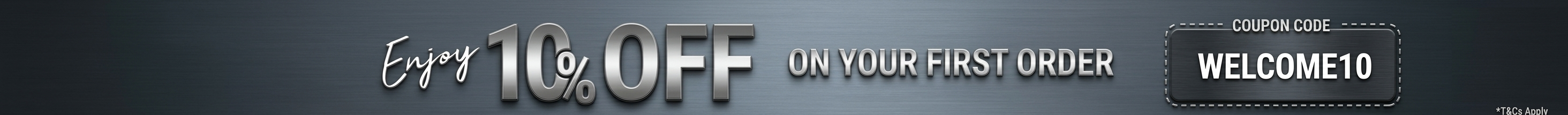 A promotional banner with the text 'enjoy 10% OFF on your first order' in white and gray lettering over a dark gray background, with a white coupon code box on the right that reads 'Coupon Code: WELCOME10' for meleche USA MÉ