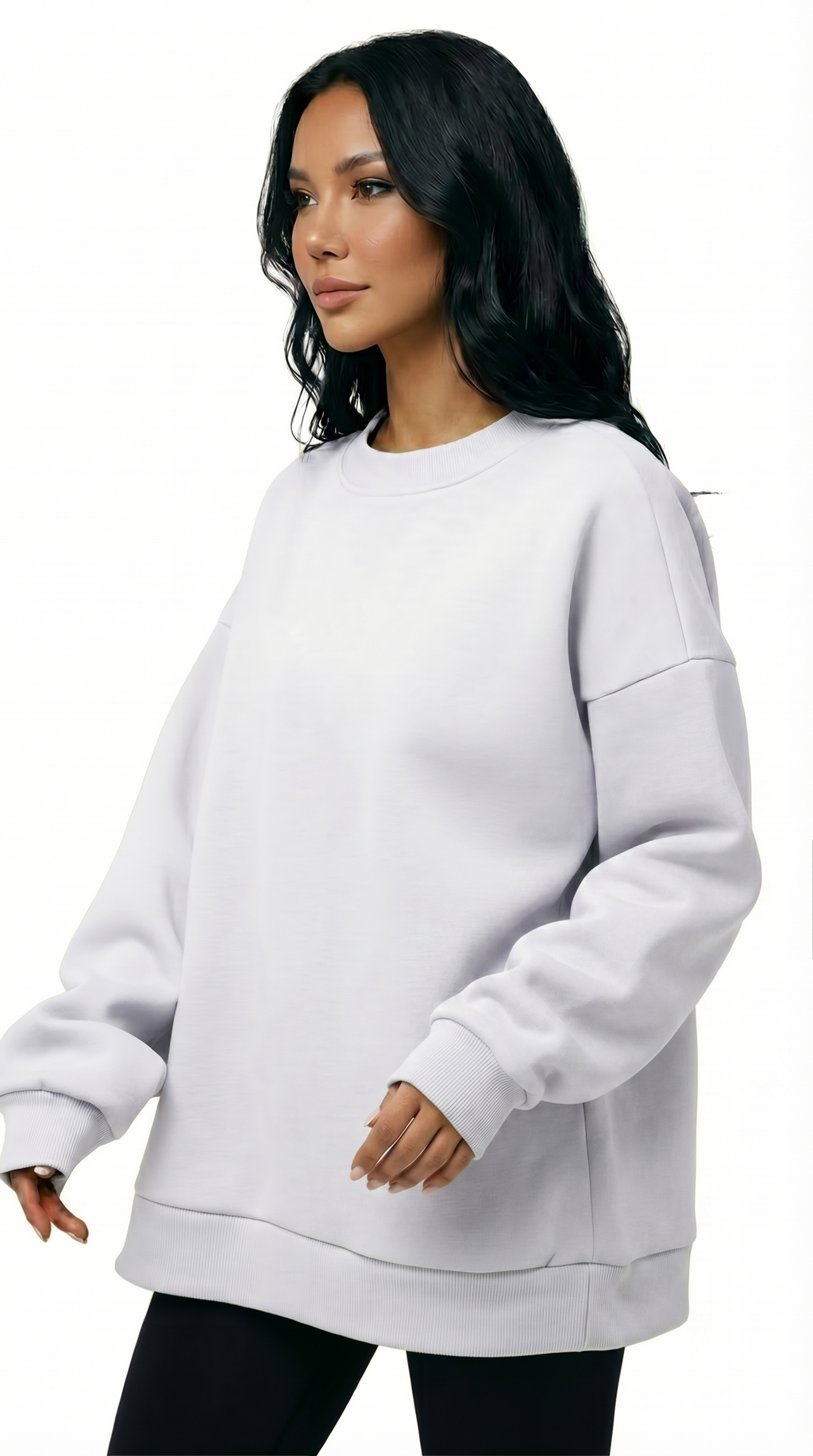 Woman wearing a white puffer jacket on a white background from Meleche Fashion USA or Meléche (short as (Mé))