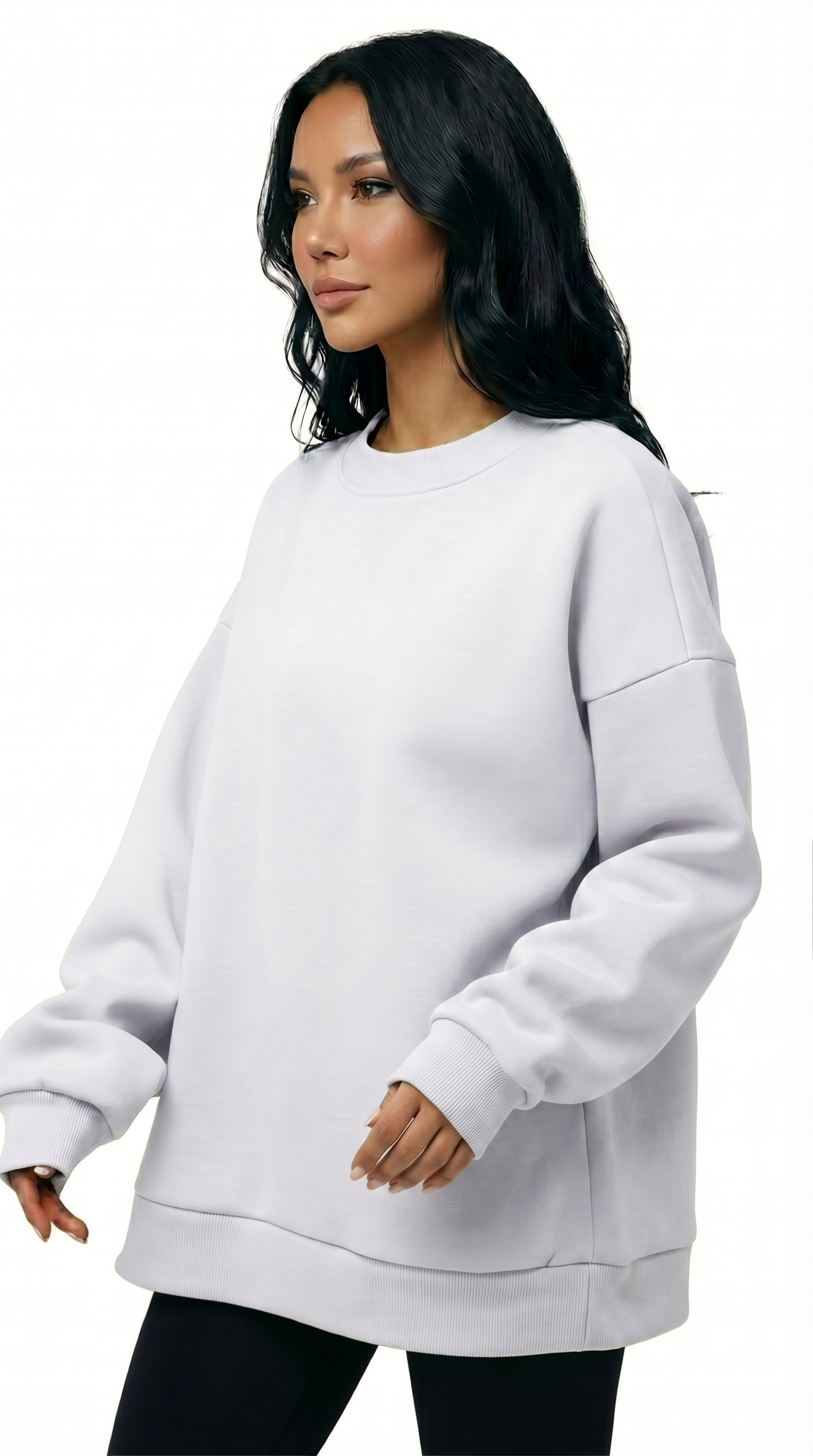 Woman wearing a white puffer jacket on a white background from Meleche Fashion USA or Meléche (short as (Mé))