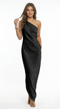 Woman wearing a black one-shoulder dress on a white background