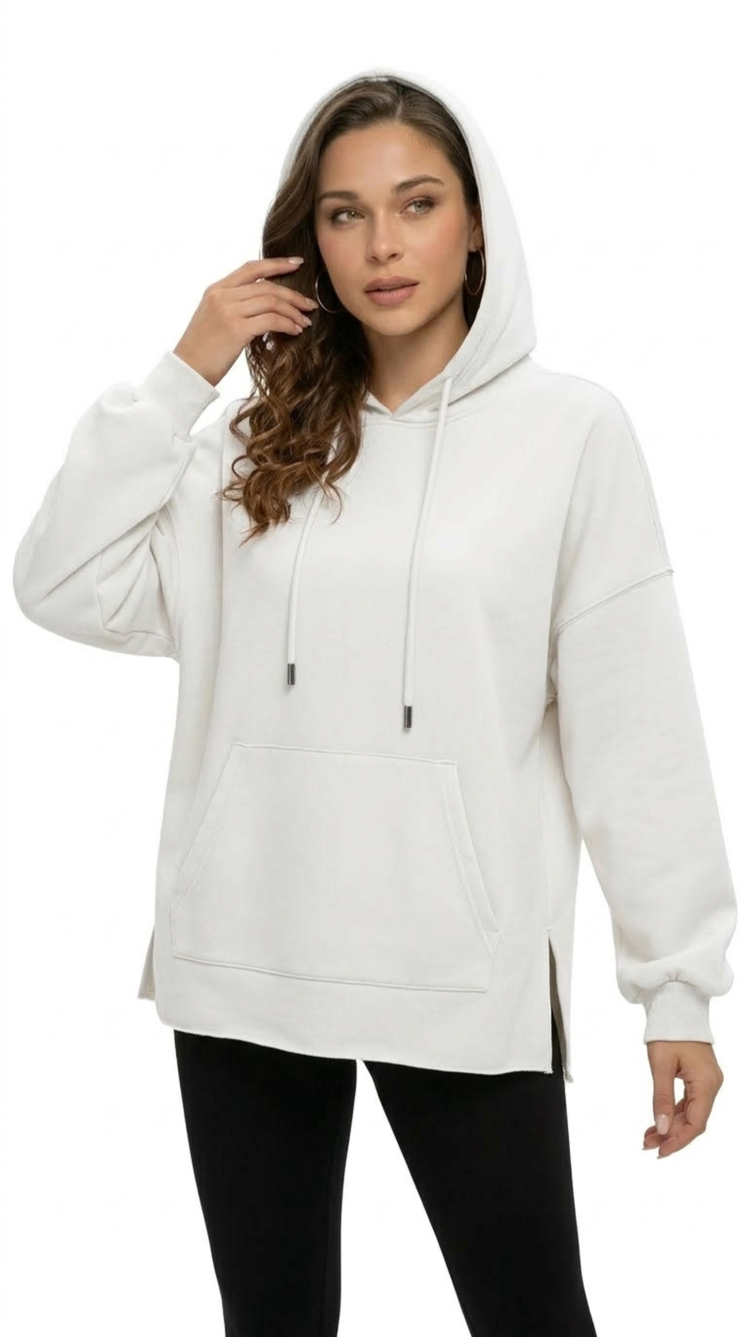 Woman wearing a white hoodie from Meleche or Meléche (short as (Mé))
