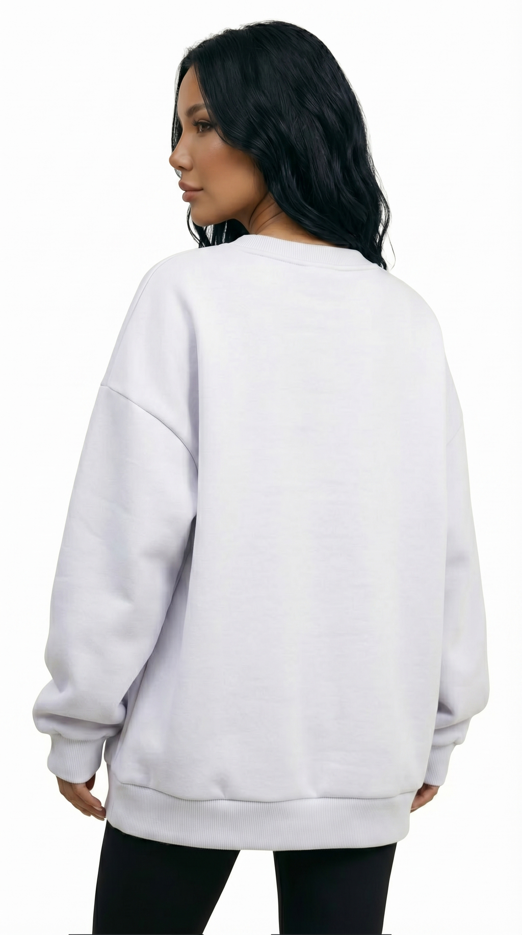 Person wearing a white sweatshirt on a white background from Meleche Fashion USA or Meléche (short as (Mé))