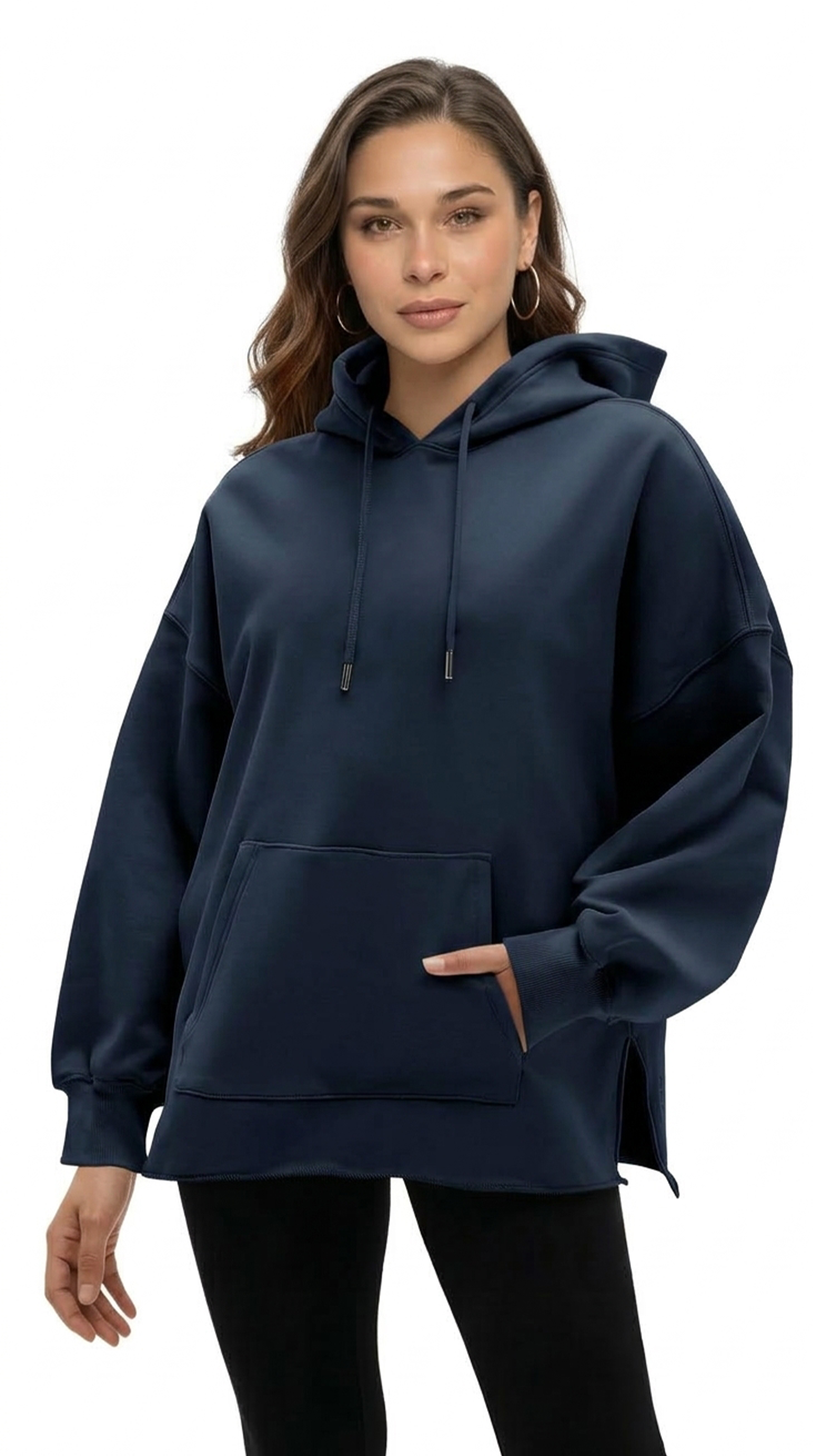 Woman wearing a navy blue hoodie from Meleche or Meléche (short as (Mé))