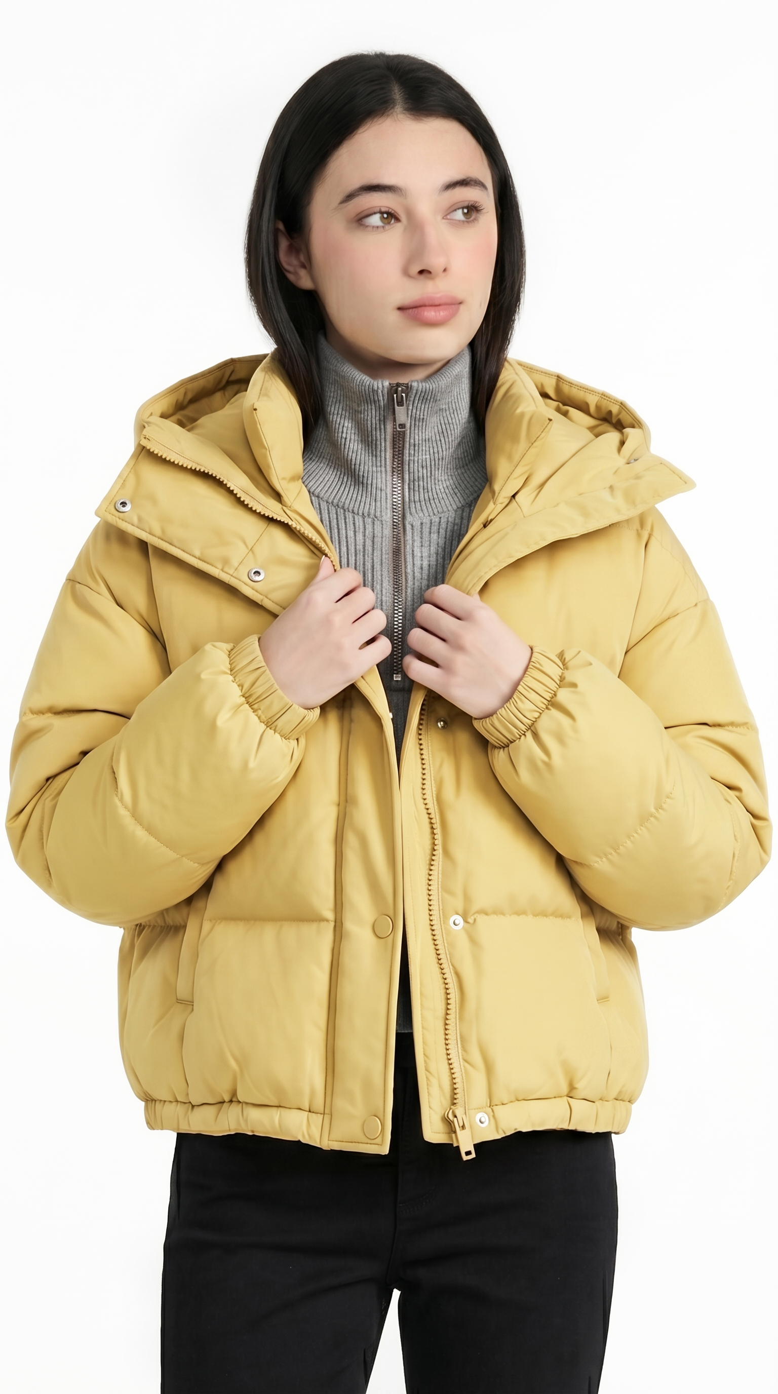 Gray coat worn by a model on a white background from Meleche USA or Meléche (short as (Mé))