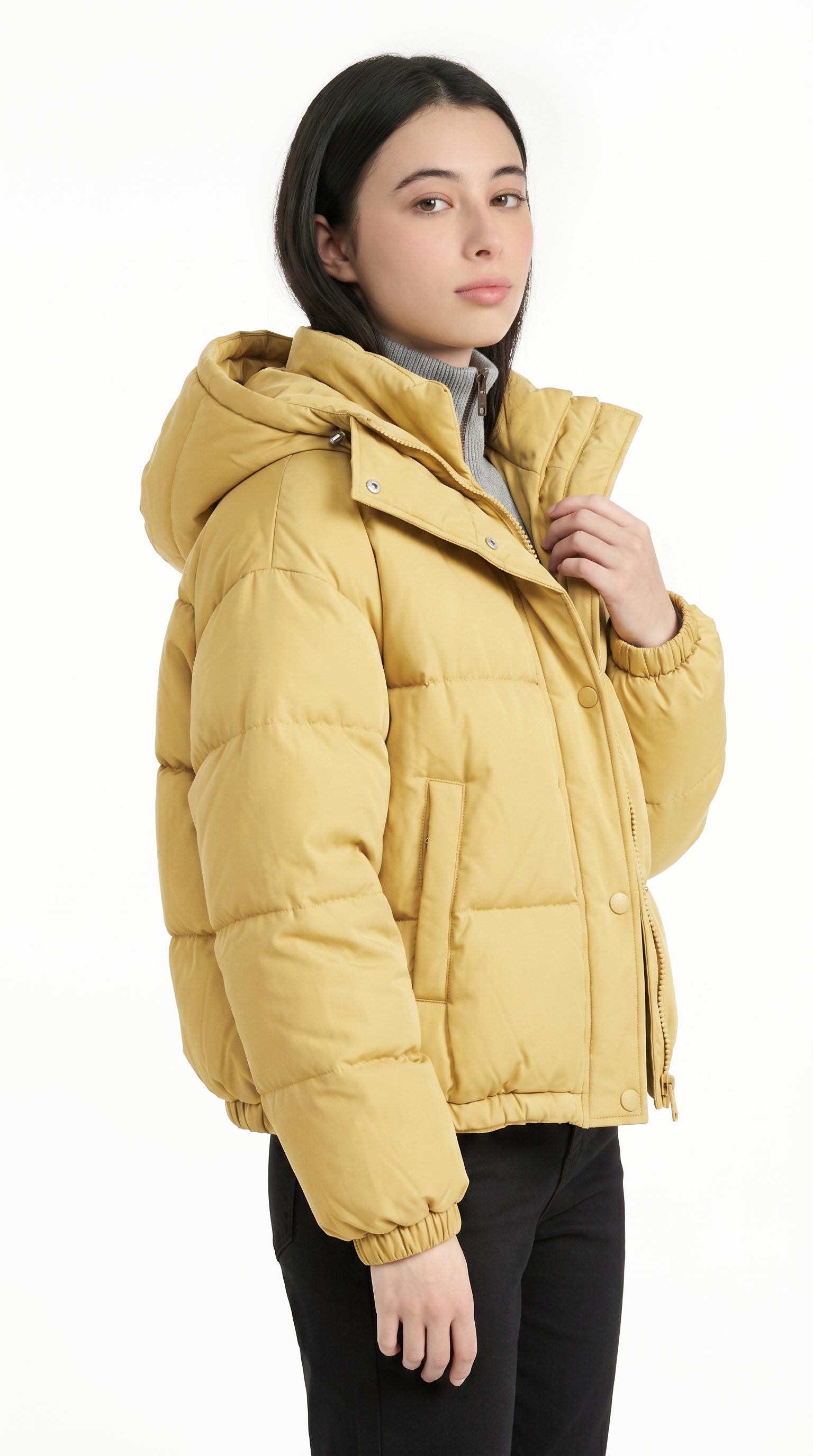 Gray coat worn by a person on a white background from Meleche or Meléche USA (short as (Mé))