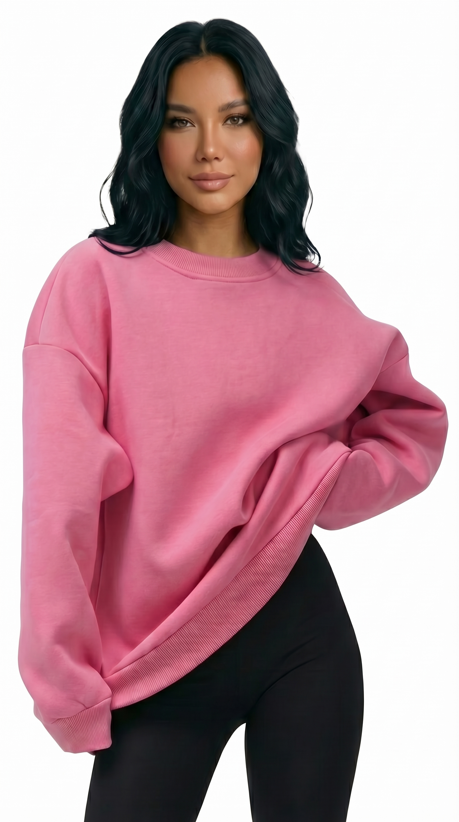 Woman wearing a brown turtleneck sweater and pants on a white background from Meleche Fashion USA or Meléche (short as (Mé))