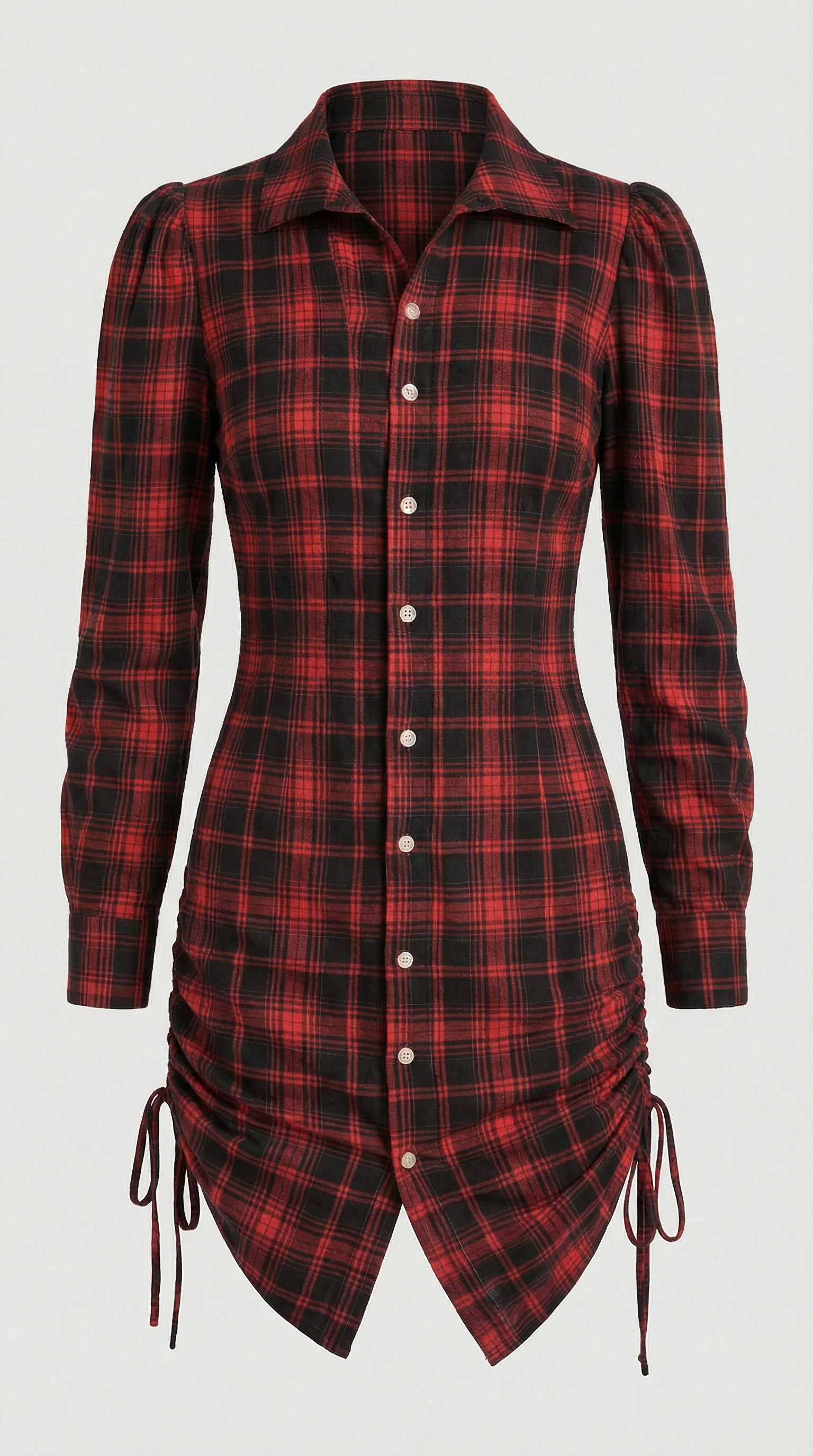 Red and black plaid dress with long sleeves on a white background from Meleche or Meléche (short as (Mé))