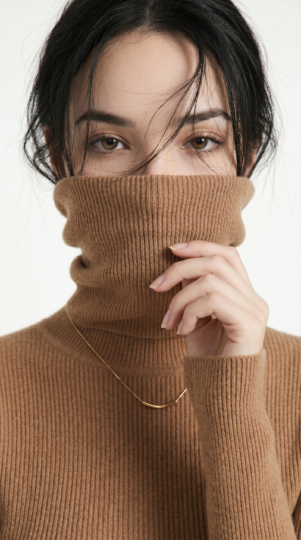 Person wearing a brown turtleneck sweater with a plain background from Meleche USA or Meléche (short as (Mé))
