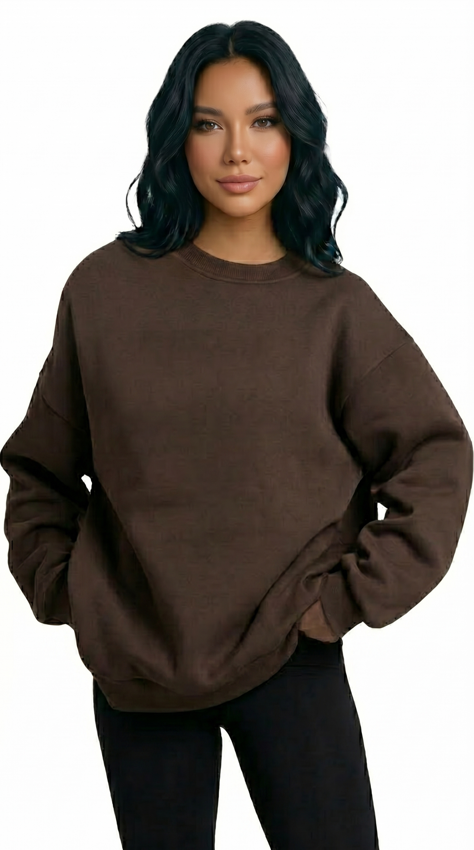 Woman wearing a beige crochet cardigan over a white top and denim shorts on a white background from Meleche Fashion USA or Meléche (short as (Mé))