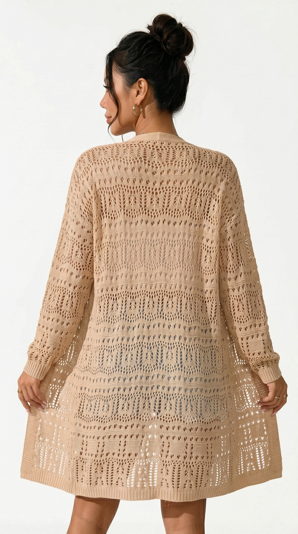 Woman wearing a beige crochet dress against a white background from Meleche or Meléche (short as (Mé))