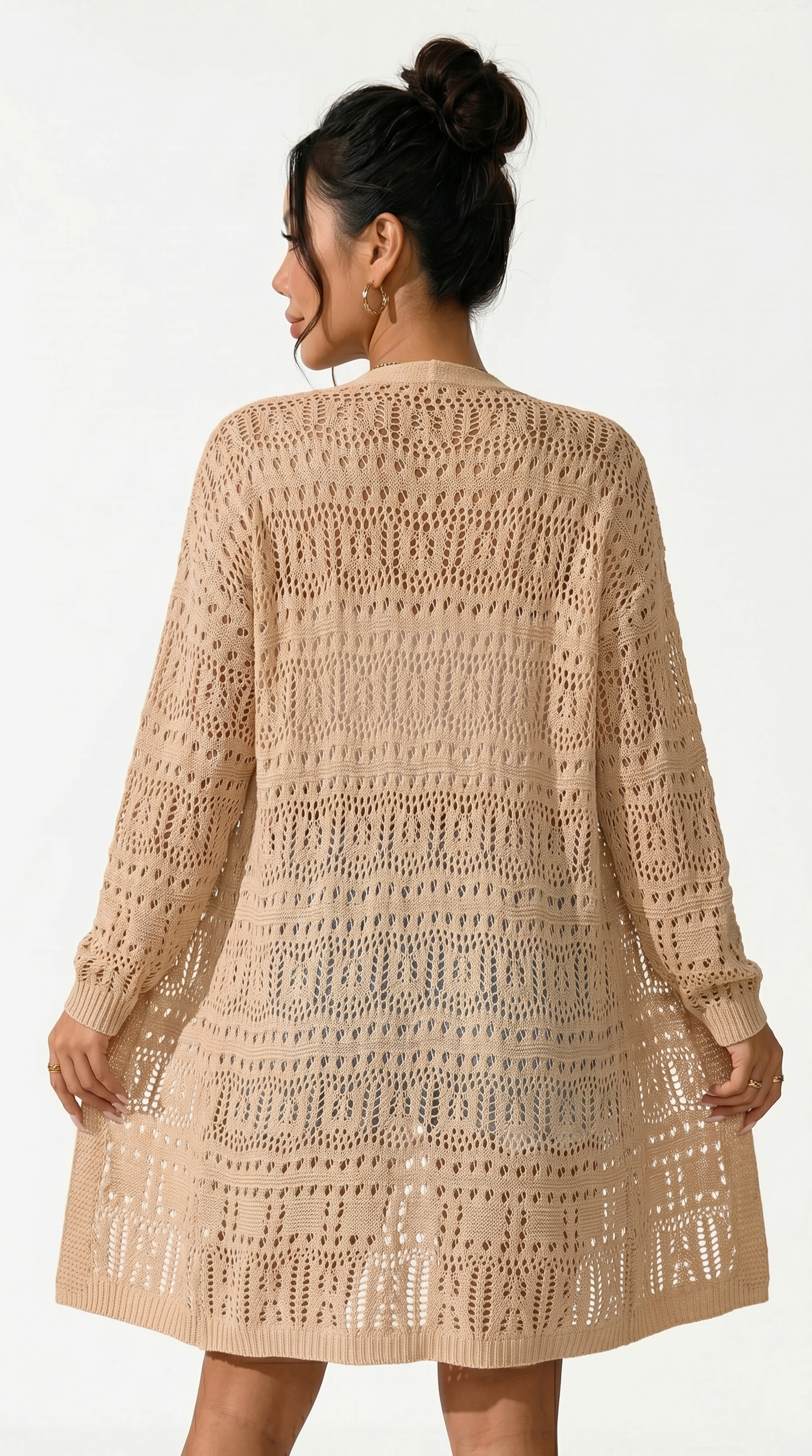 Woman wearing a beige crochet dress against a white background from Meleche or Meléche (short as (Mé))