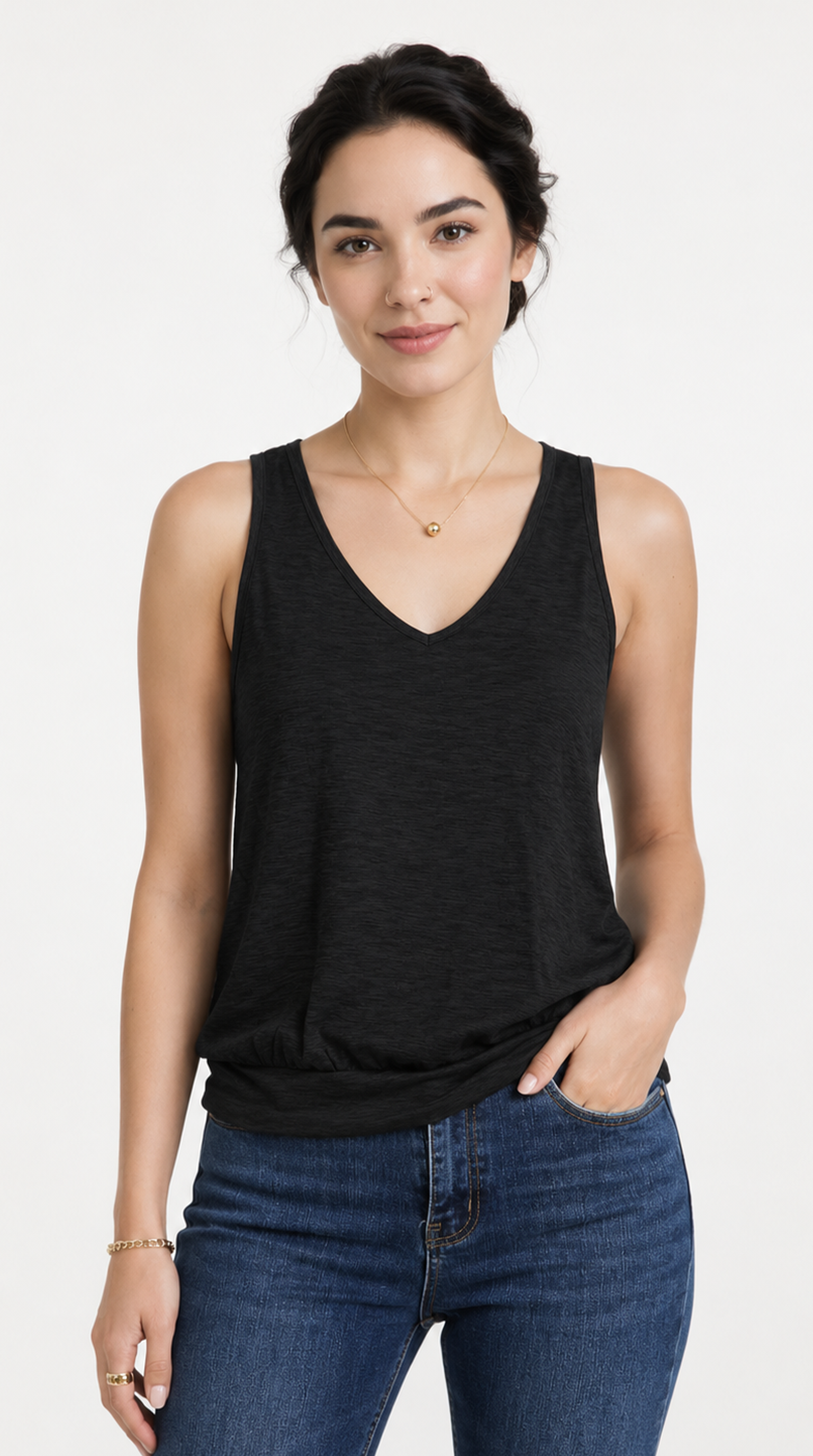 Woman wearing a black tank top and blue jeans on a white background, from Meleche Fashion USA or Meléche (short as (Mé))