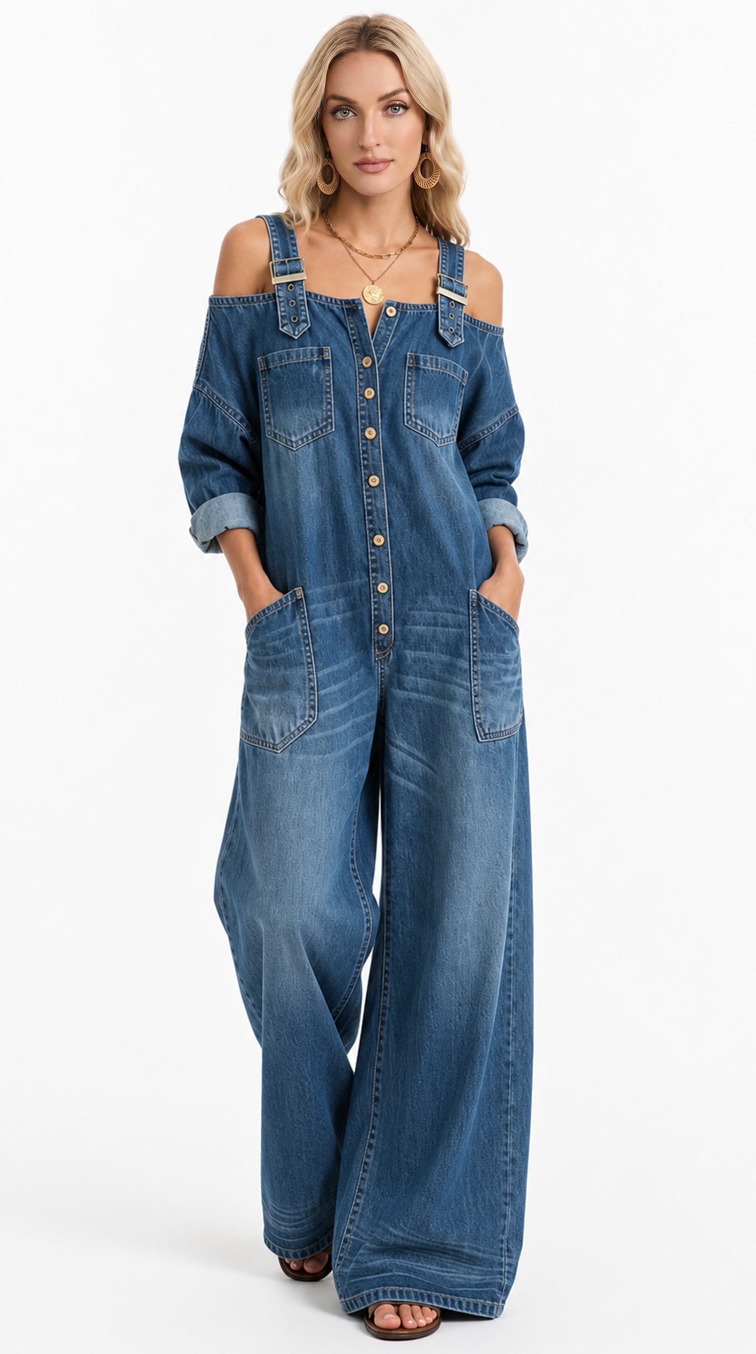 A woman modeling a blue denim overall jumpsuit with an off-the-shoulder neckline, front button closure, and wide legs, photographed against a plain white studio background, from Meleche Fashion USA or Meléche (short as (Mé))