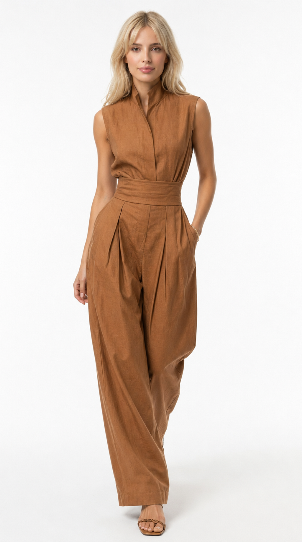 A woman modeling a sleeveless, high-waisted camel-brown jumpsuit with a button-up front and wide-leg pants, set against a plain white studio background, from Meleche Fashion USA or Meléche (short as (Mé))
