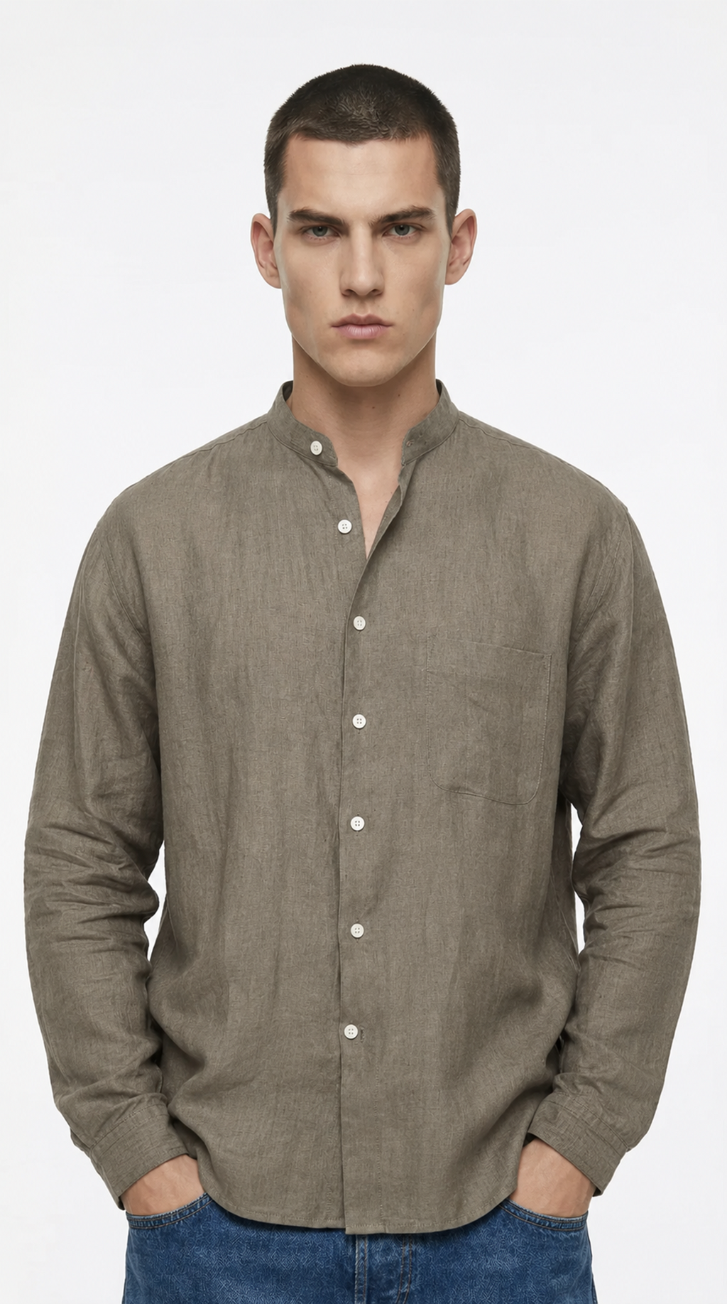 Man wearing a brown button-up shirt against a white background, from Meleche Fashion USA or Meléche (short as (Mé))