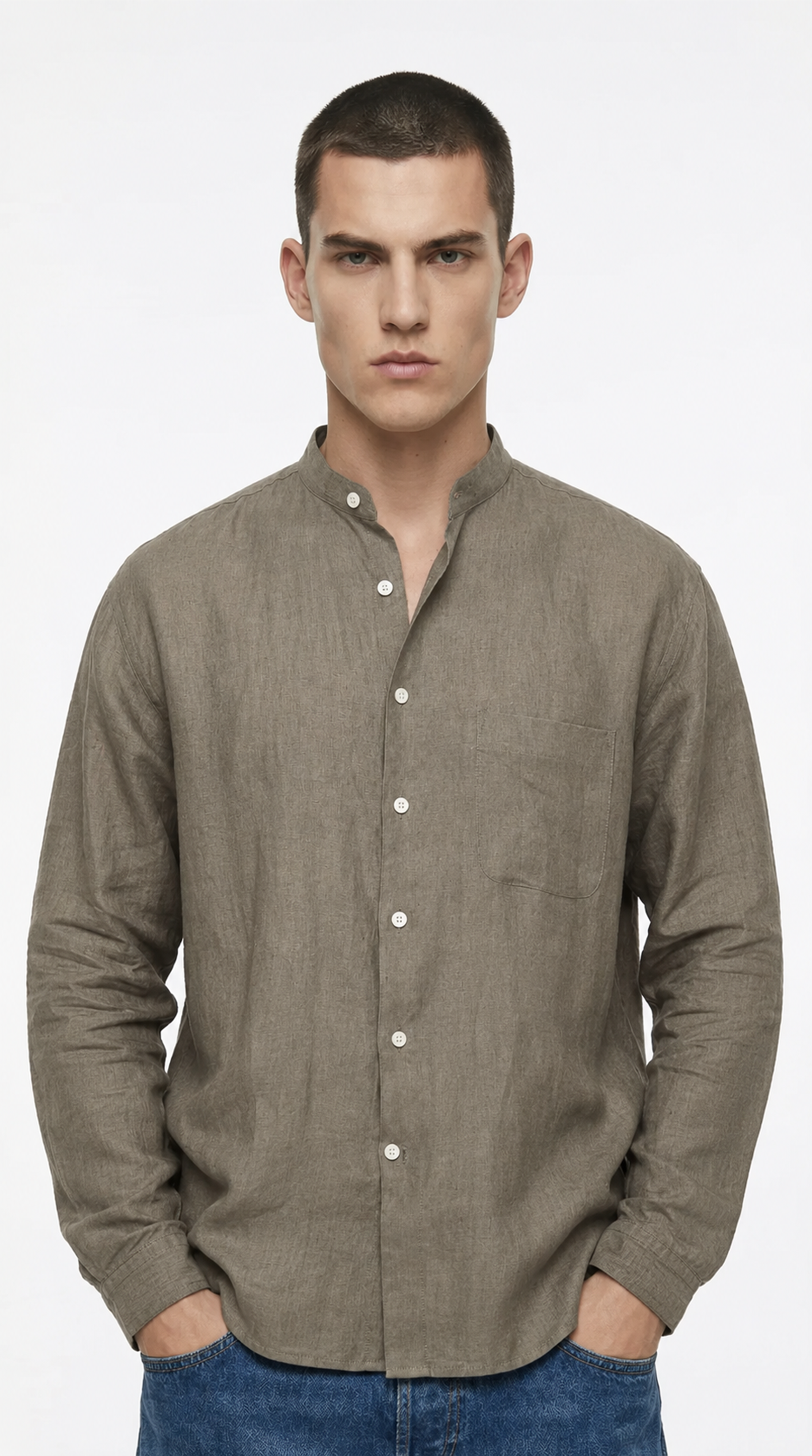 Man wearing a brown button-up shirt against a white background, from Meleche Fashion USA or Meléche (short as (Mé))