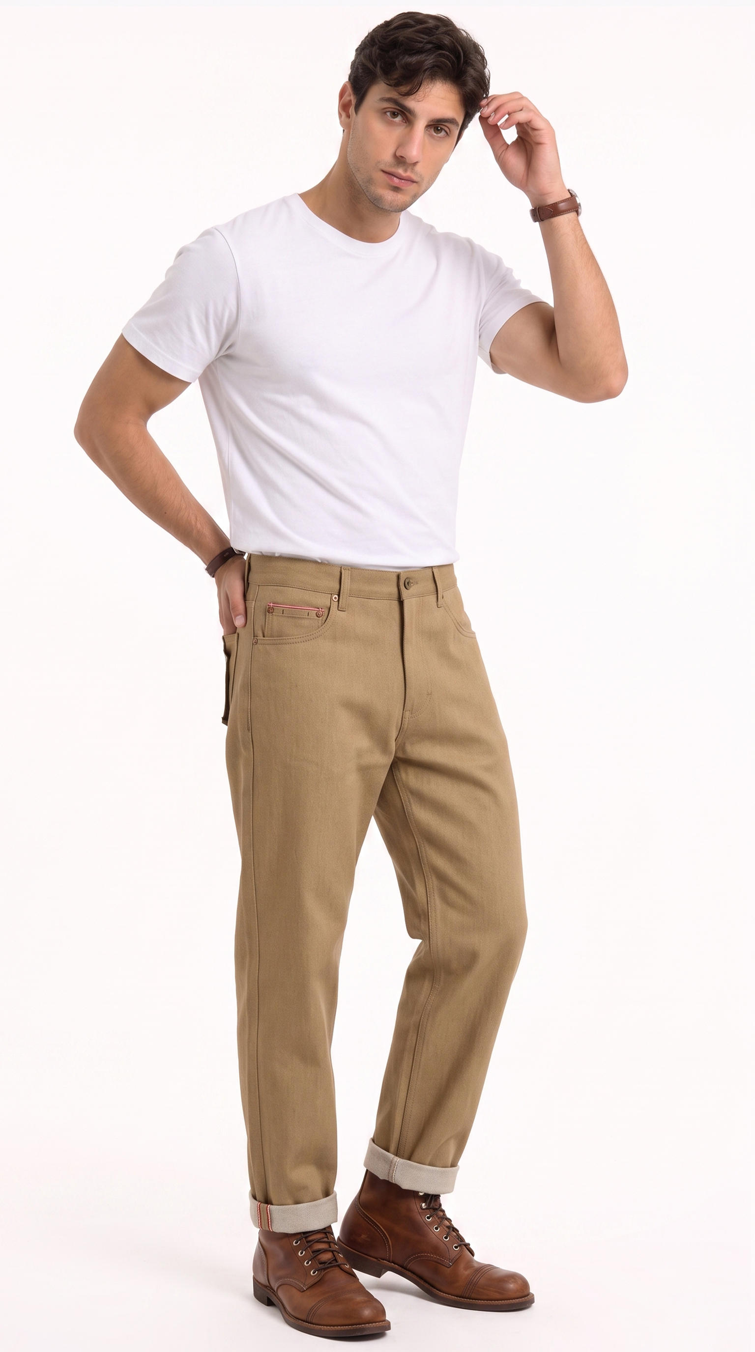 A man modeling a white crewneck t-shirt and tan chino pants with brown leather shoes, standing against a plain white studio background, from Meleche Fashion USA or Meléche (short as (Mé))