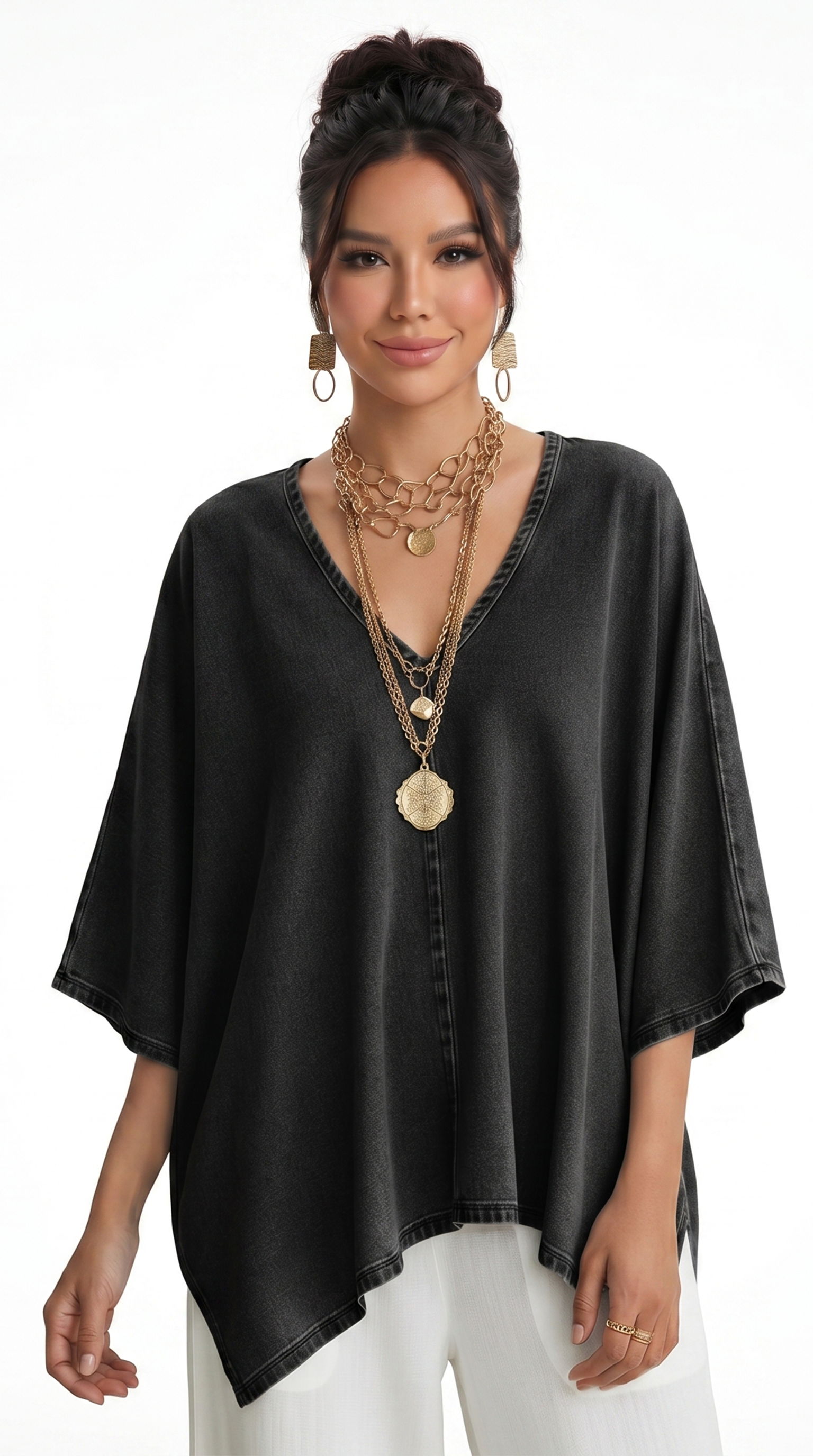 Woman wearing a black denim top and white pants with gold jewelry on a white background, from Meleche Fashion USA or Meléche (short as (Mé))