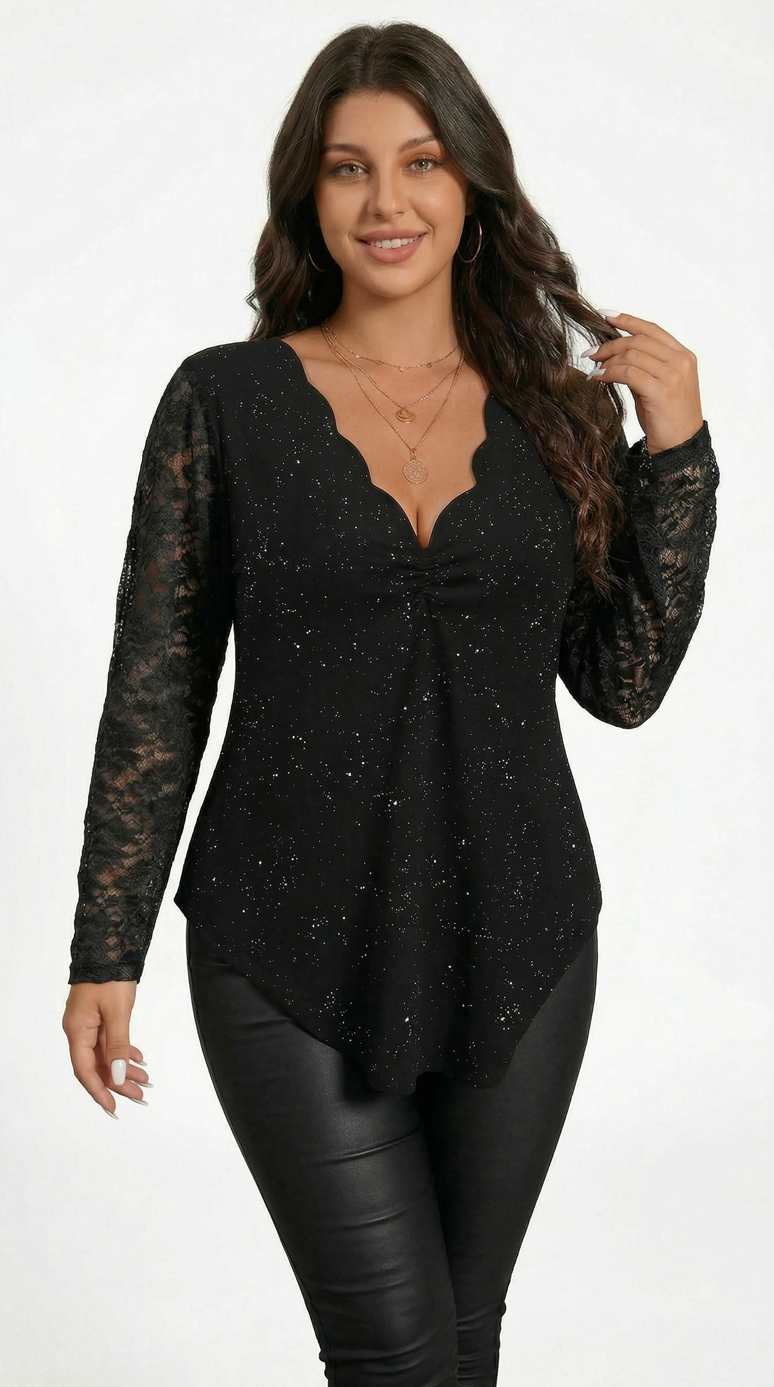 Woman wearing a black long-sleeve top with lace details on a white background from Meleche or Meléche (short as (Mé))