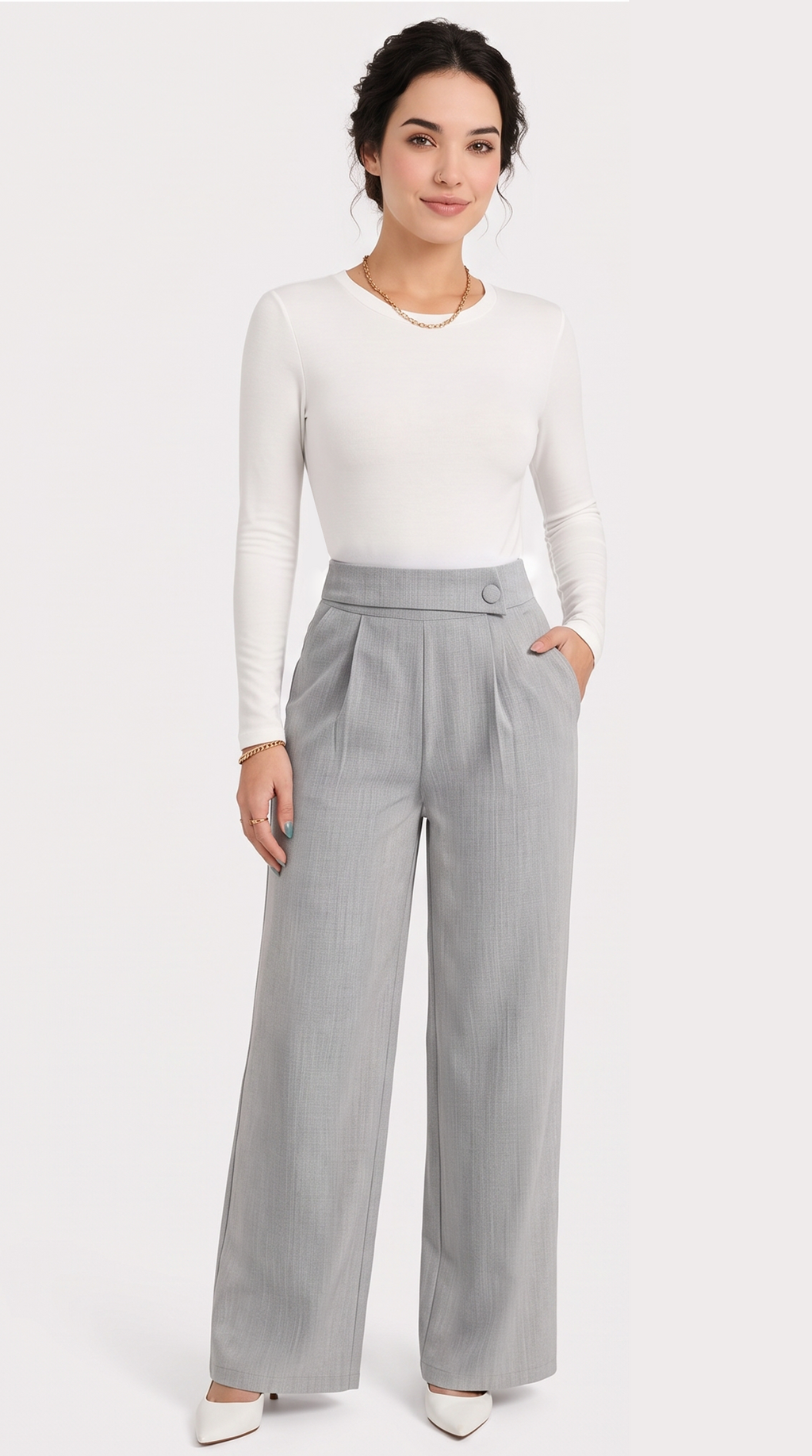 Woman wearing a white top and gray high-waisted pants on a white background, from Meleche Fashion USA or Meléche (short as (Mé))