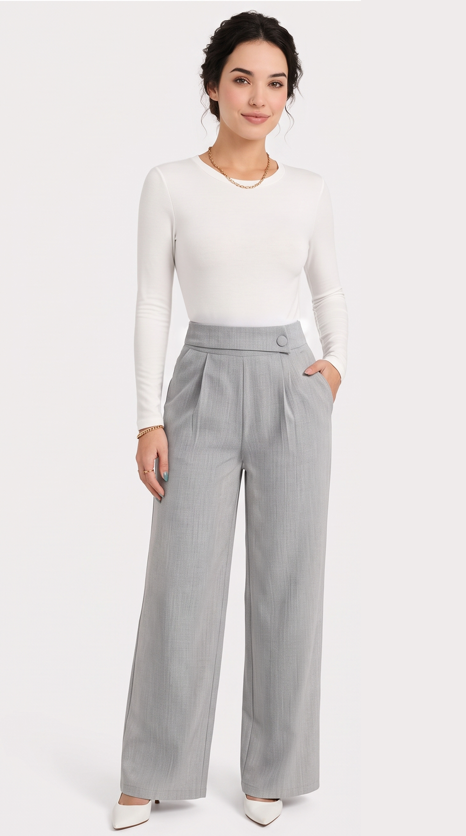 Woman wearing a white top and gray high-waisted pants on a white background, from Meleche Fashion USA or Meléche (short as (Mé))