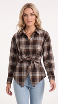 A woman modeling a brown and beige plaid long-sleeve button-up shirt with a tie waist, paired with light blue jeans, against a plain white background, from Meleche Fashion USA or Meléche (short as (Mé))