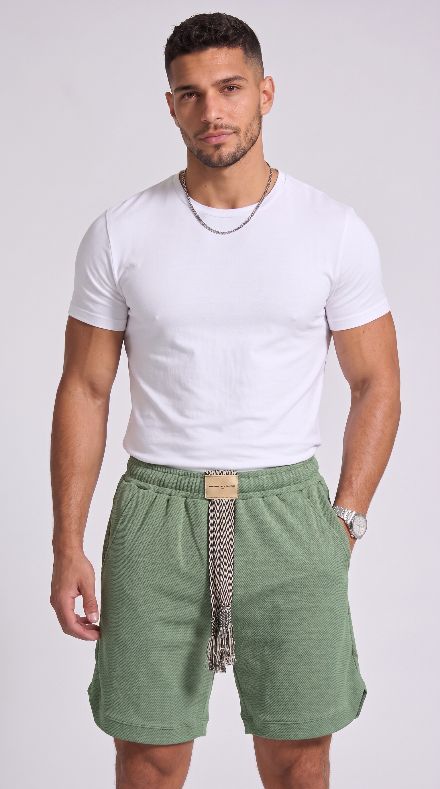 A man modeling sage green drawstring shorts with a patterned tie belt, paired with a white t-shirt, against a light gray studio background, from Meleche Fashion USA or Meléche (short as (Mé))