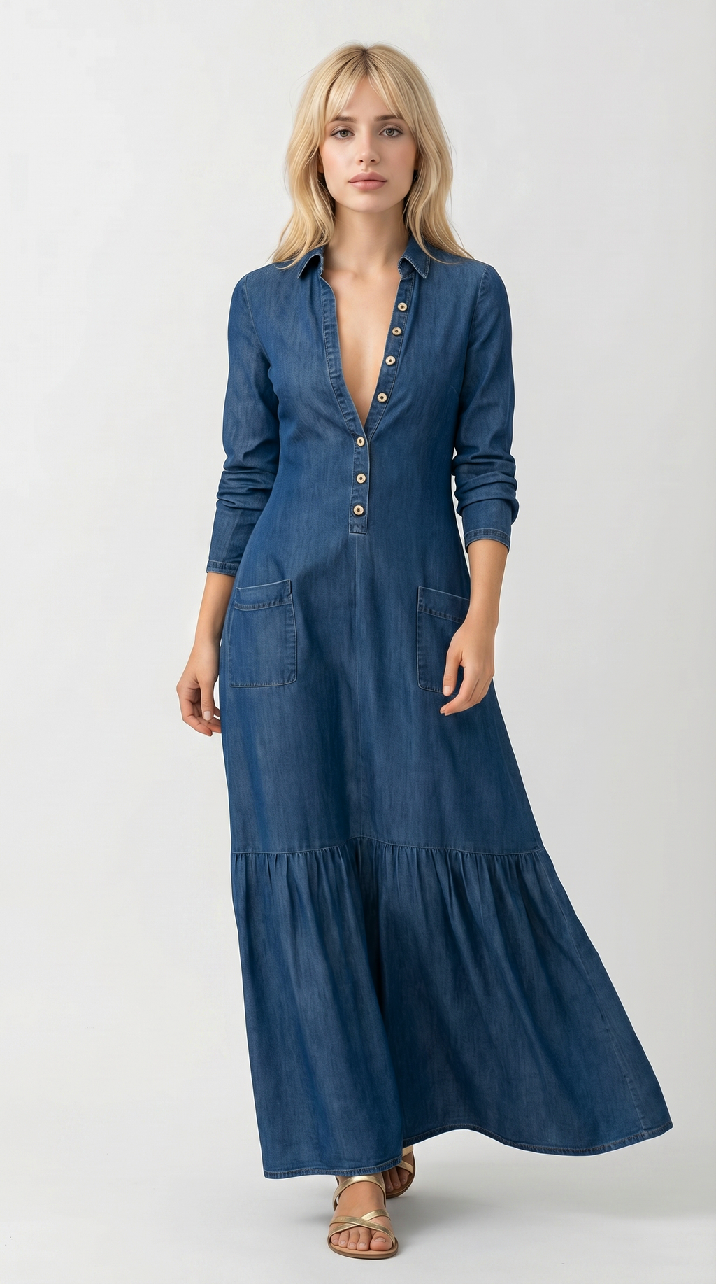 Woman wearing a long blue dress on a white background, Loos dress from Meleche Fashion USA or Meléche (short as (Mé))