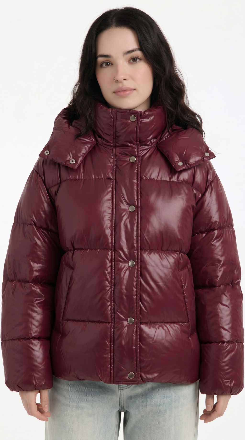 Woman wearing a maroon puffer jacket on a white background from Meleche Fashion USA or Meléche (short as (Mé))