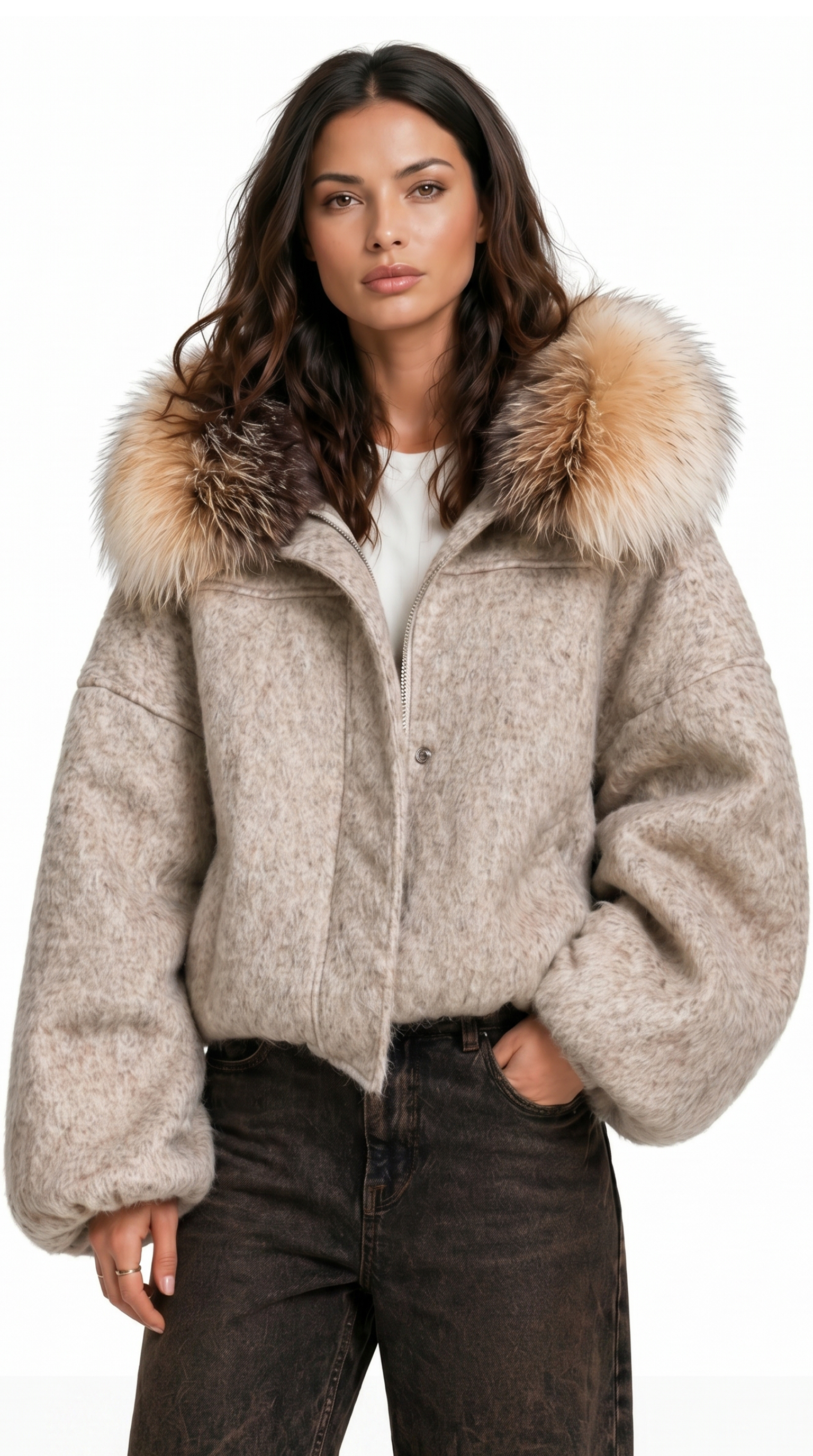 Woman wearing a beige jacket with a fur-lined hood on a white background from Meleche Fashion USA or Meléche (short as (Mé))