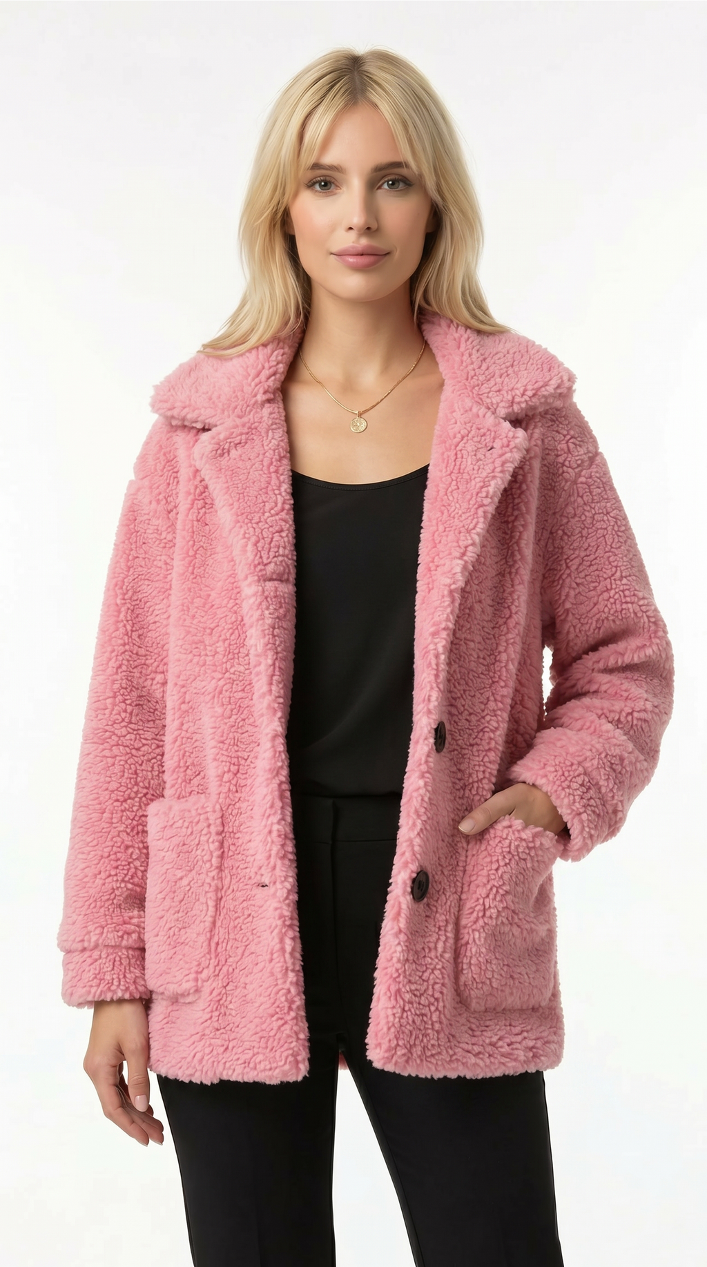 Woman wearing a pink teddy coat on a white background from Meleche Fashion USA or Meléche (short as (Mé))