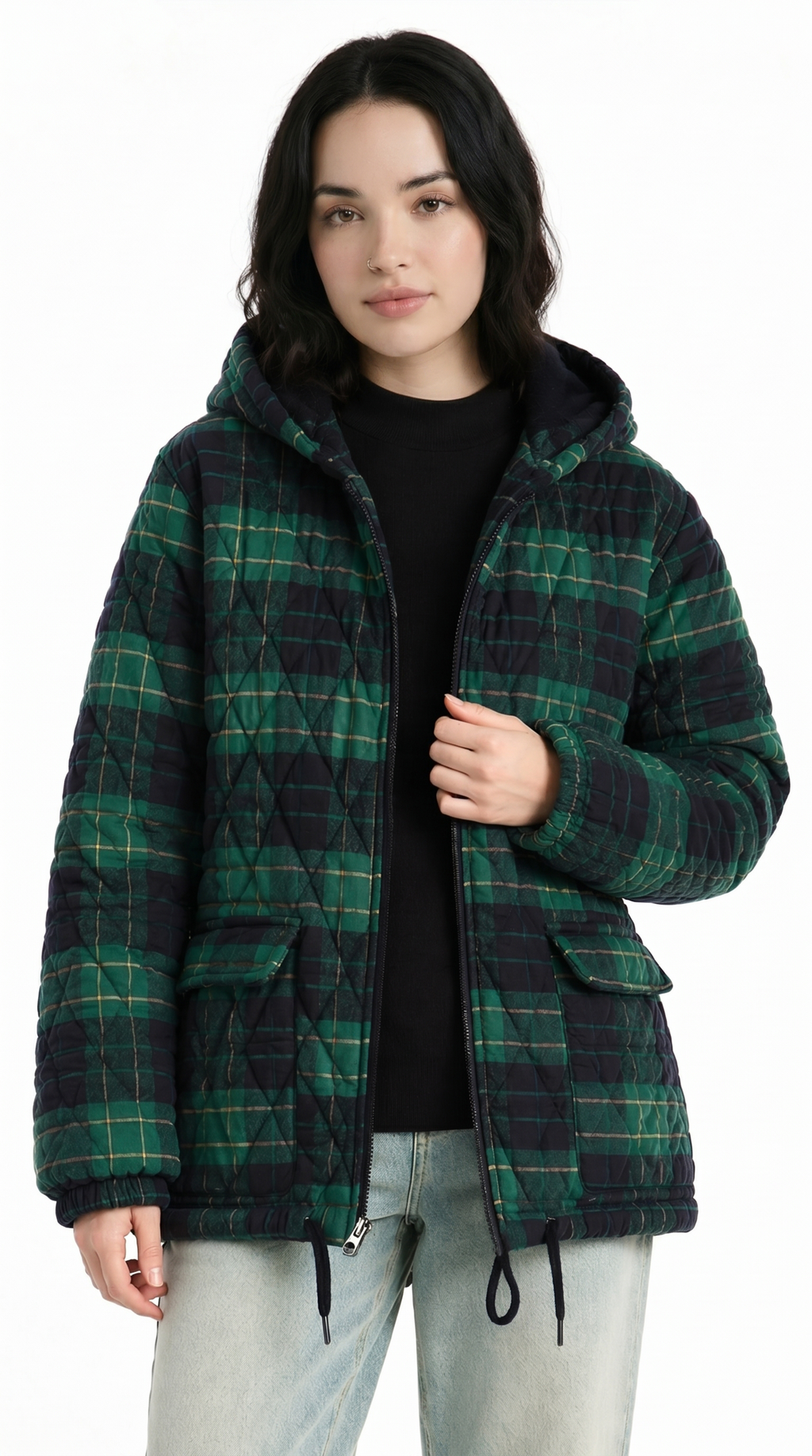 Person wearing a green plaid jacket on a white background from Meleche or Meléche USA (short as (Mé))