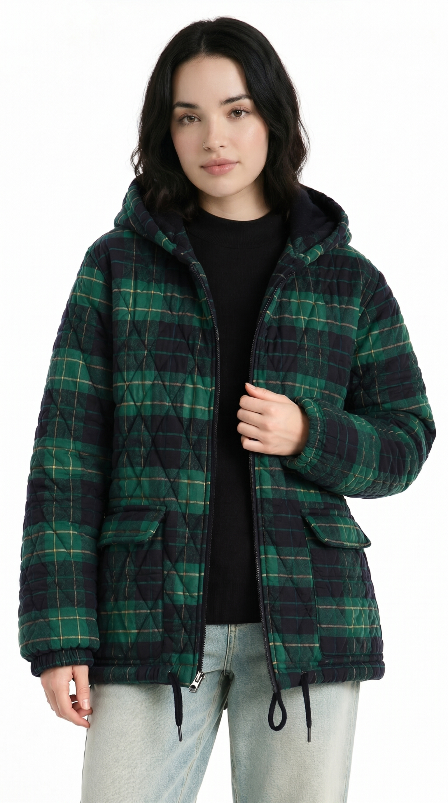 Person wearing a green plaid jacket on a white background from Meleche or Meléche USA (short as (Mé))