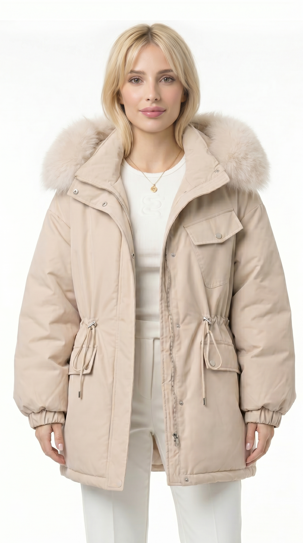 Woman wearing a beige parka with fur hood on a white background from Meleche USA or Meléche (short as (Mé))