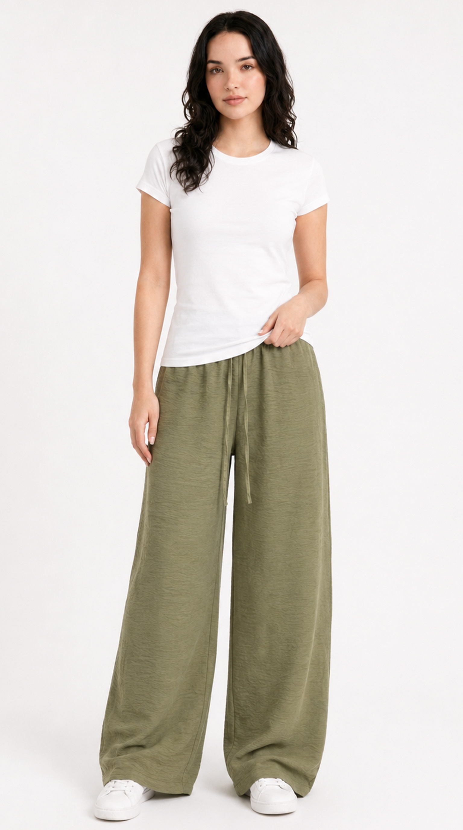 girl wearing olive green wide-leg pants on a white background, from Meleche Fashion USA or Meléche (short as (Mé))