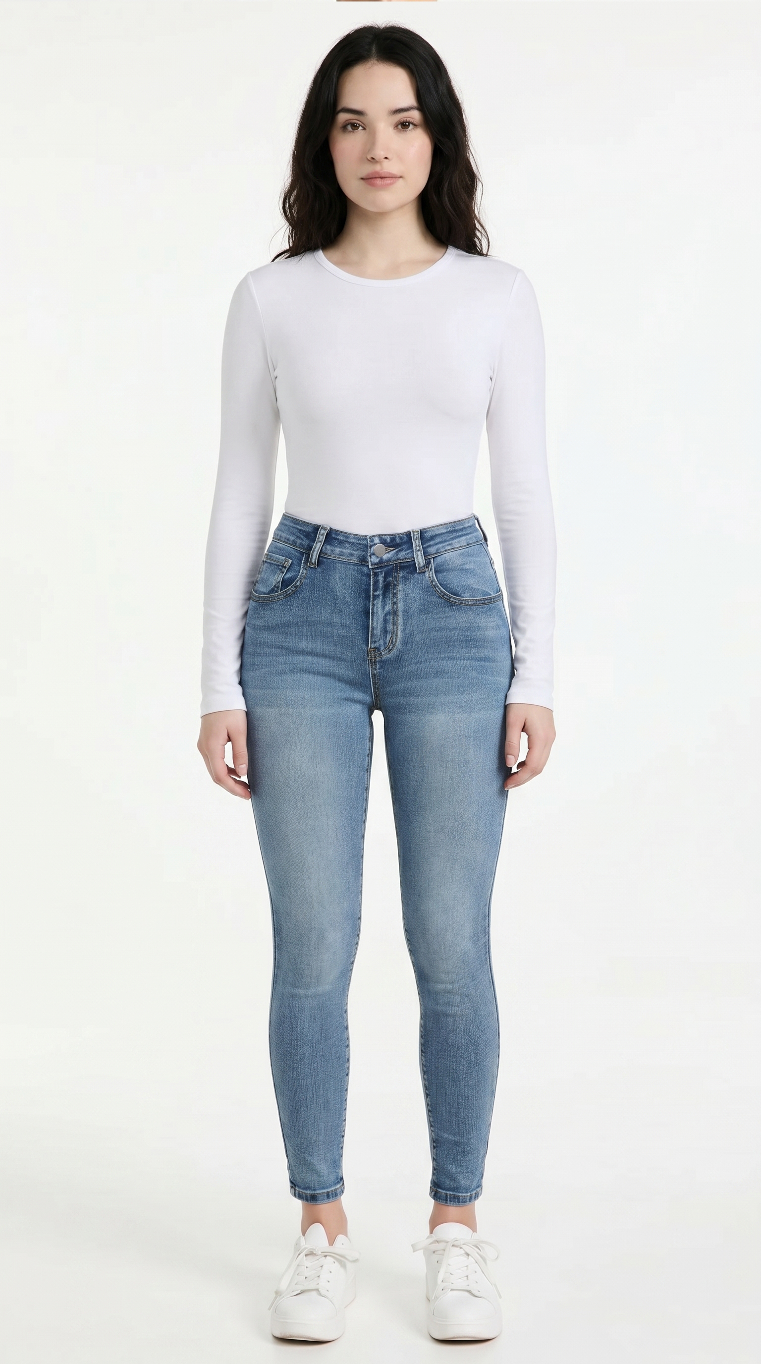 Woman wearing a white long-sleeve top and blue jeans on a white background, High Stretch Sexy Skinny jeans from Meleche Fashion USA or Meléche (short as (Mé))