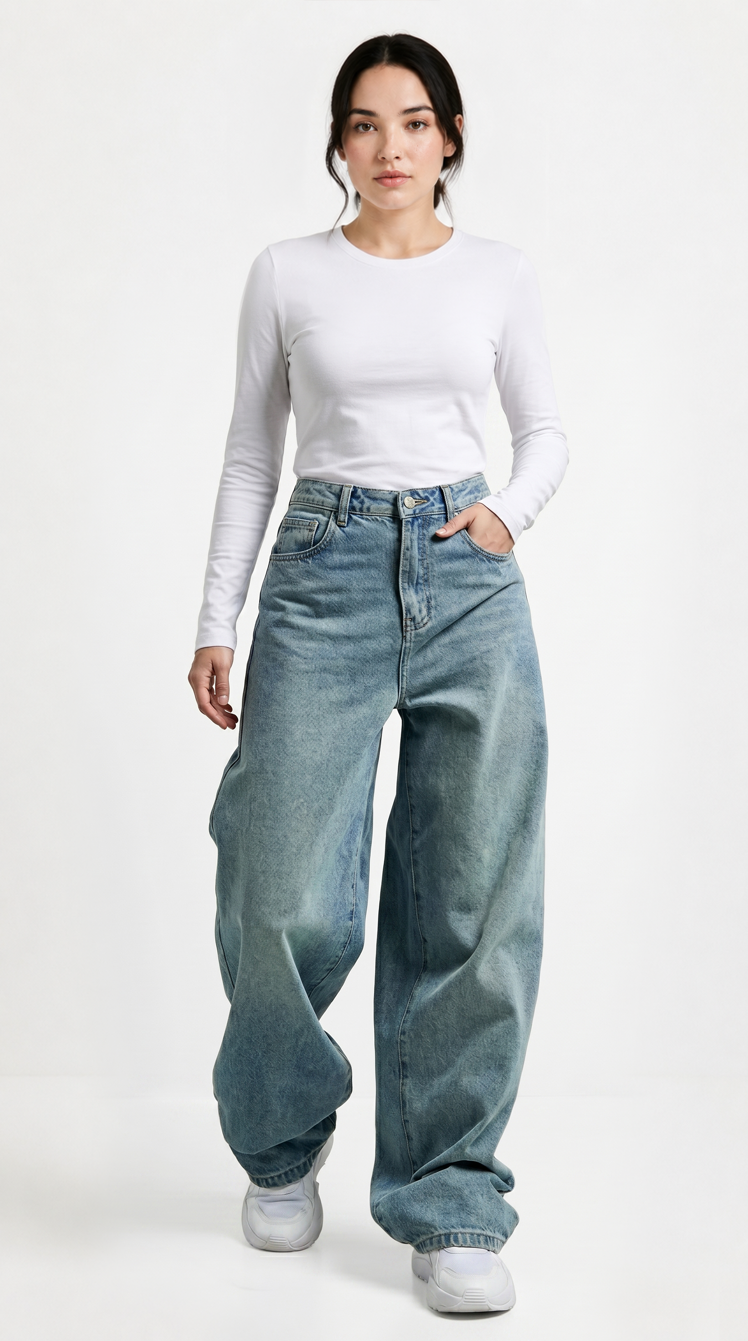Person wearing a white long-sleeve shirt and blue jeans on a white background, Relaxed Fit Egyptian cotton jeans from Meleche Fashion USA or Meléche (short as (Mé))