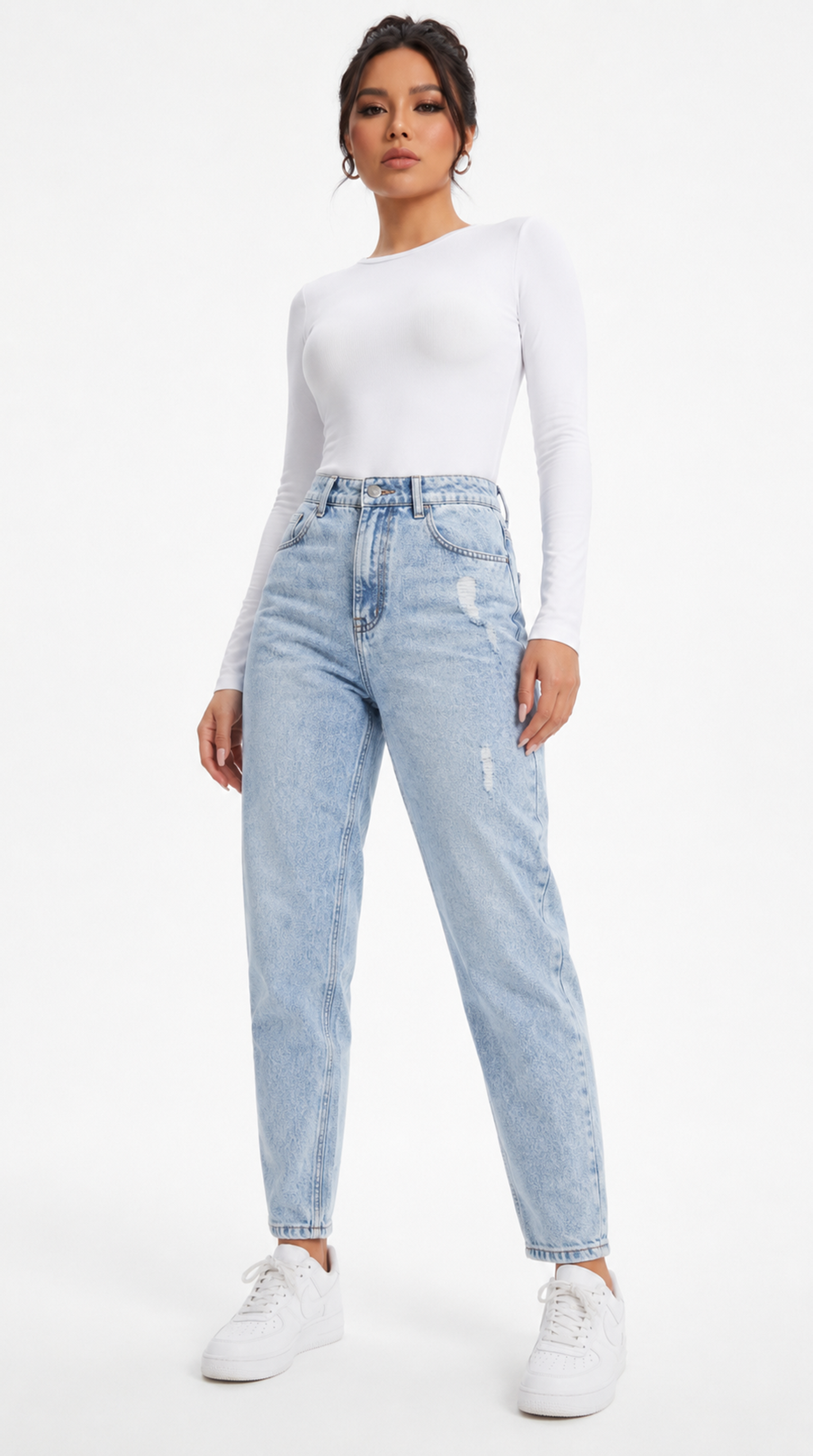 Person wearing light blue jeans and a white top on a white background, Slim sexy jeans from Meleche Fashion USA or Meléche (short as (Mé))