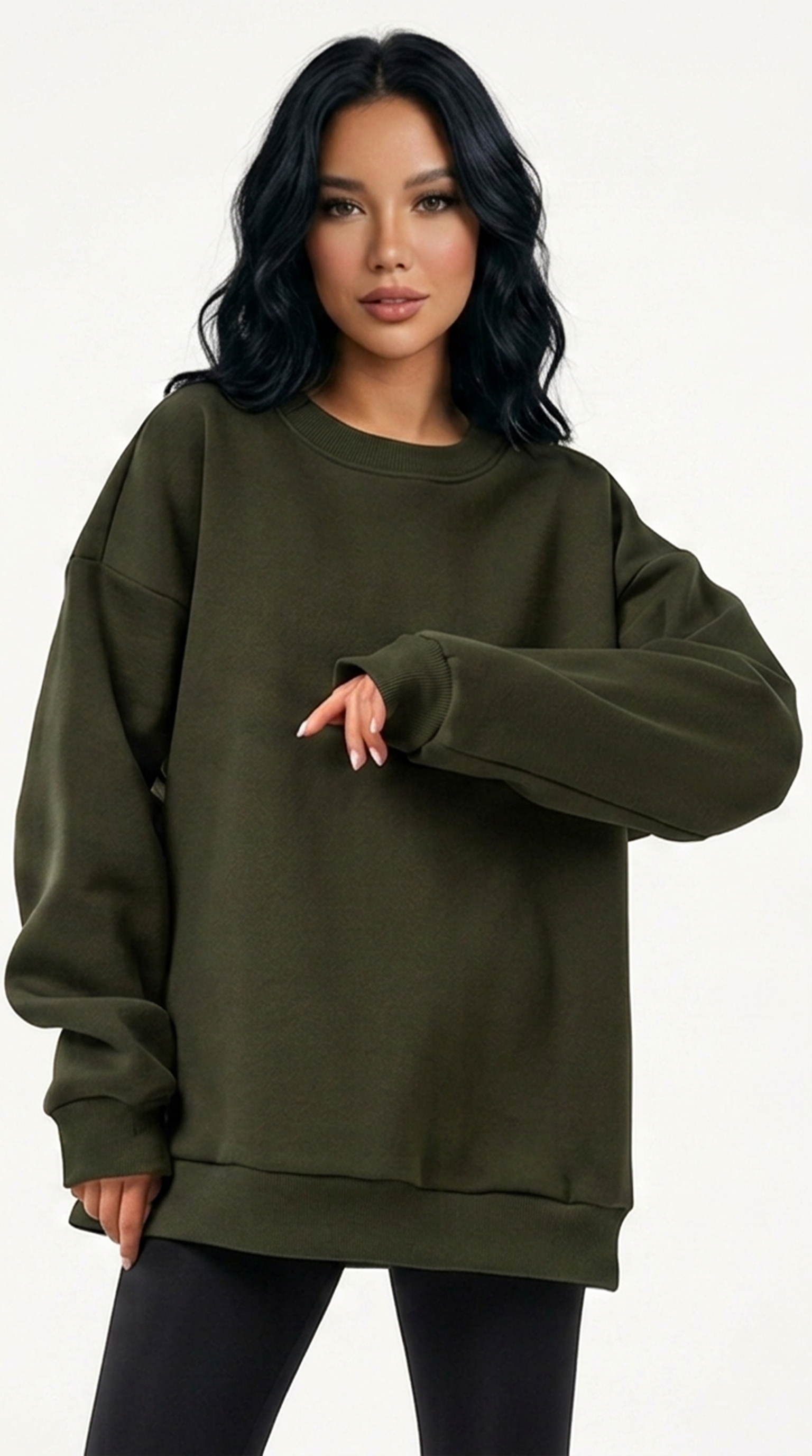 Person wearing an olive green sweatshirt on a white background from Meleche Fashion USA or Meléche (short as (Mé))