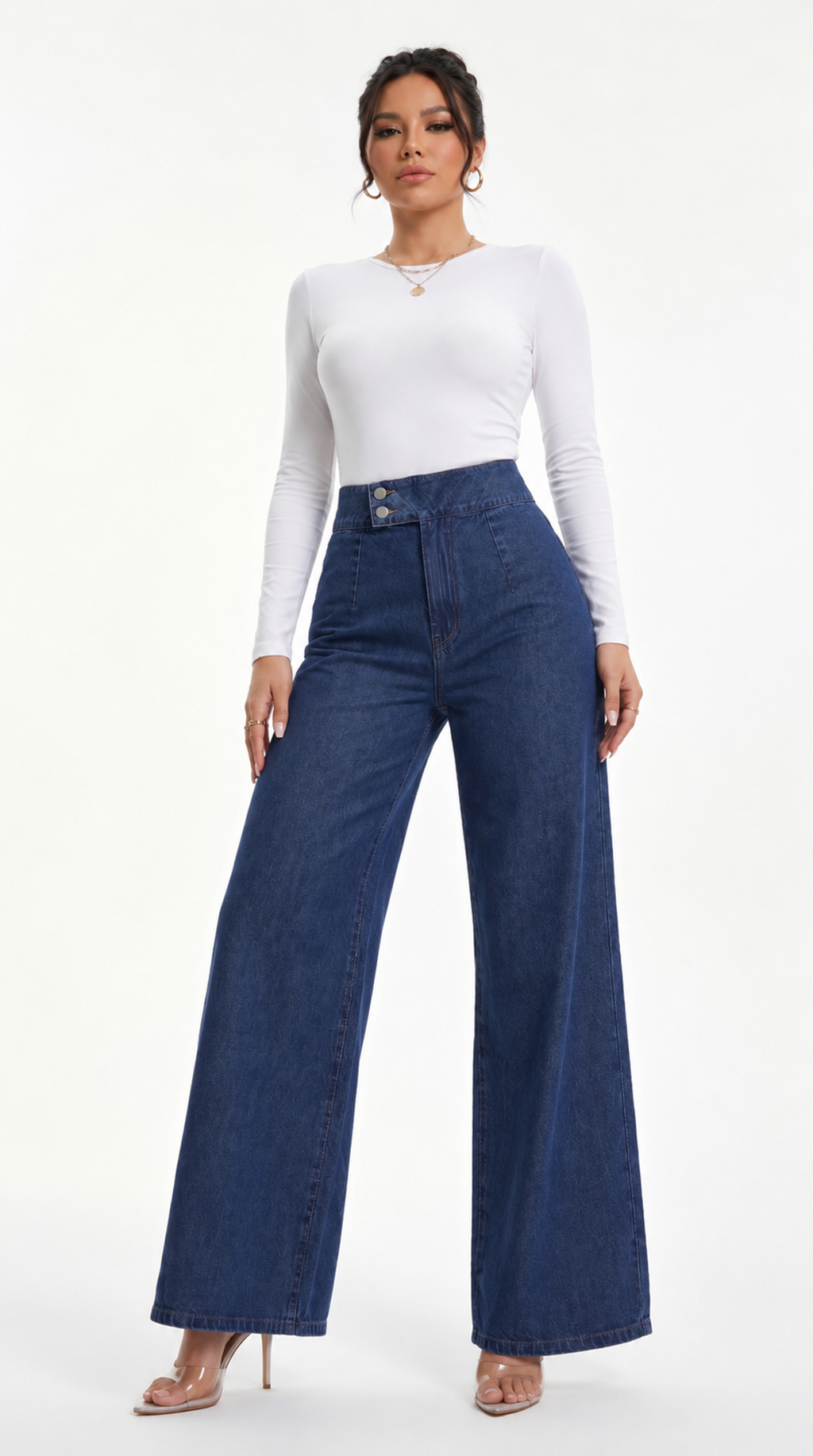 Woman wearing a white long-sleeve top and blue wide-leg jeans on a white background, Straight Leg jeans from Meleche Fashion USA or Meléche (short as (Mé))