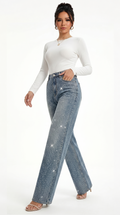 Woman wearing sparkly blue jeans and a white top on a white background, Wide-leg jeans from Meleche Fashion USA or Meléche (short as (Mé))
