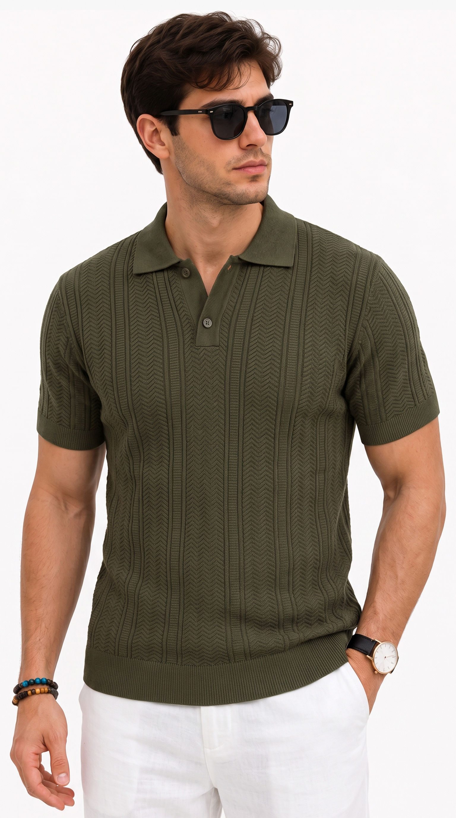 A man wearing a short-sleeve olive green knit polo shirt with a button-down collar, paired with white pants and black sunglasses, against a plain white background, from Meleche Fashion USA or Meléche (short as (Mé))
