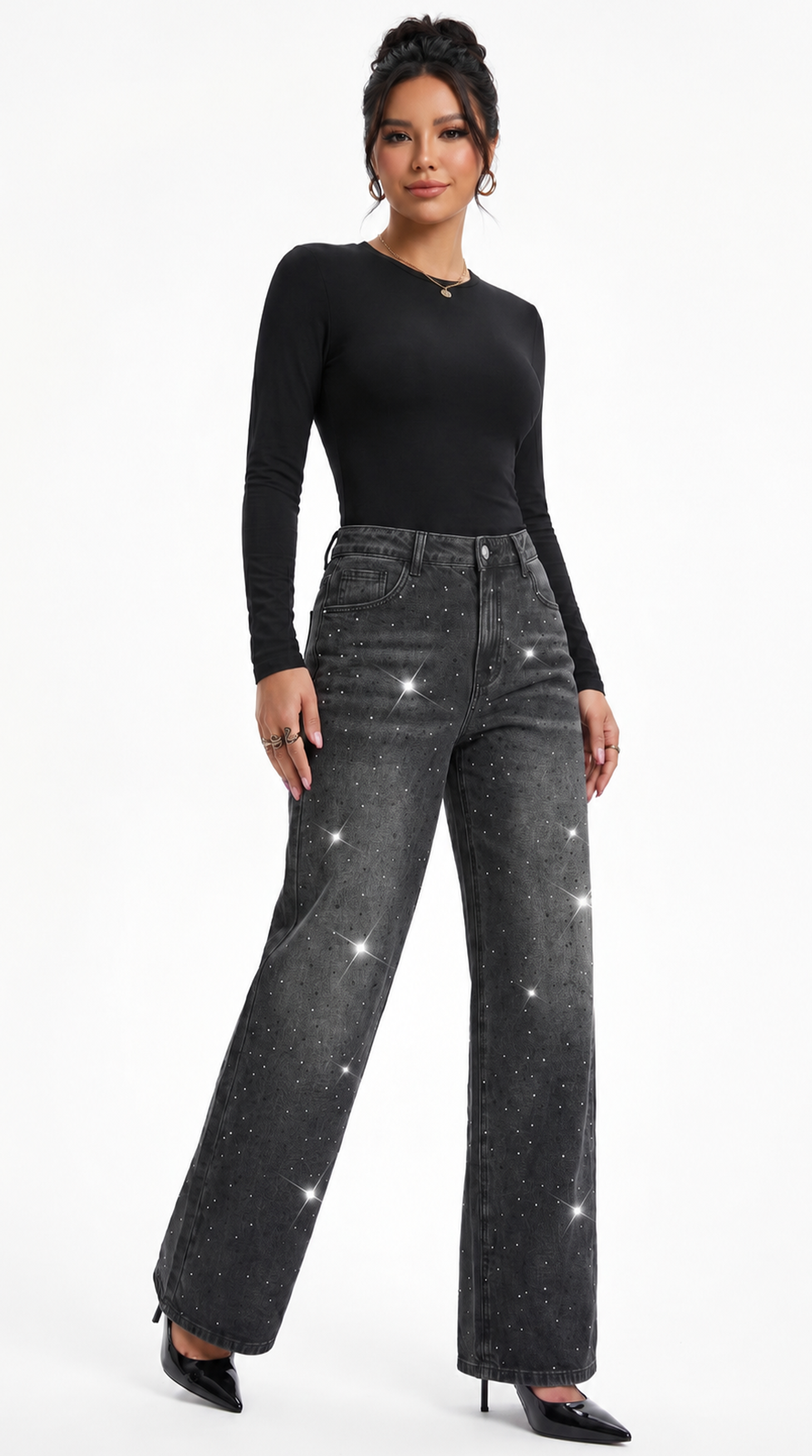 Woman wearing black top and gray flared jeans on a white background, Wide-leg jeans from Meleche Fashion USA or Meléche (short as (Mé))