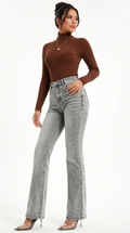Woman wearing a brown turtleneck and gray jeans on a white background, Slim flares jeans from Meleche Fashion USA or Meléche (short as (Mé))